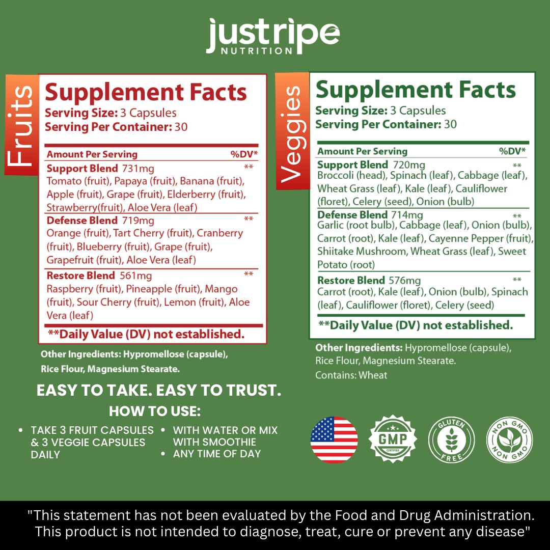 Fruits and Veggies Supplement - 90 Fruit and 90 Vegetable Capsules - 100% Whole Natural Superfood - Filled with Super Greens Vitamins and Minerals - Supports Balance Energy Levels (1 Pack) Just Ripe Nutrition Au supplements