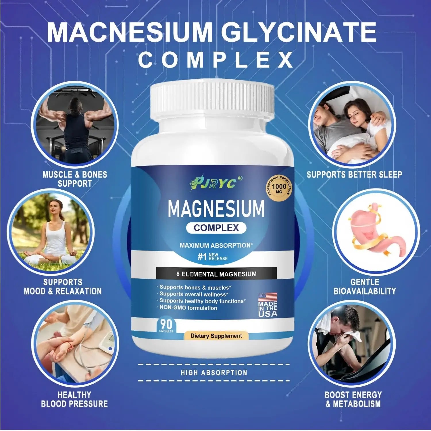 Magnesium Complex Supplement - 1000mg with 8 Magnesium Forms: Glycinate, Citrate, Malate, Taurate & Orotate - Supports Muscle Function, Bone Strength & Relaxation - Vegan, Non-GMO - 180 Capsules PJRYC Au supplements