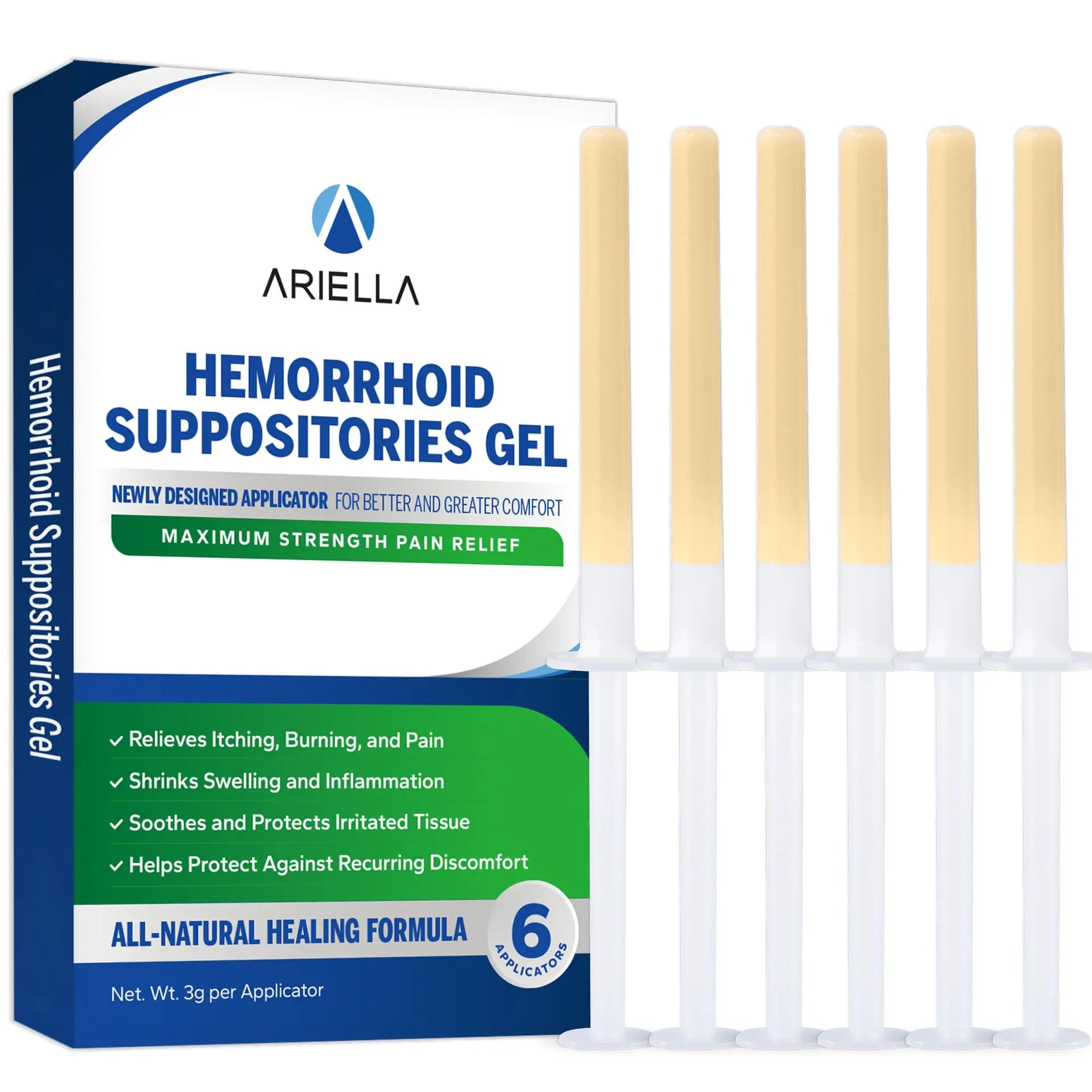 Ariella Hemorrhoid Treatment Suppository Gel: Natural & Herbal - Relieve Itching Burning Discomfort - Internal Relief - New Rounded Applicator - Nighttime Use (Pack of 6) Ariella Au supplements