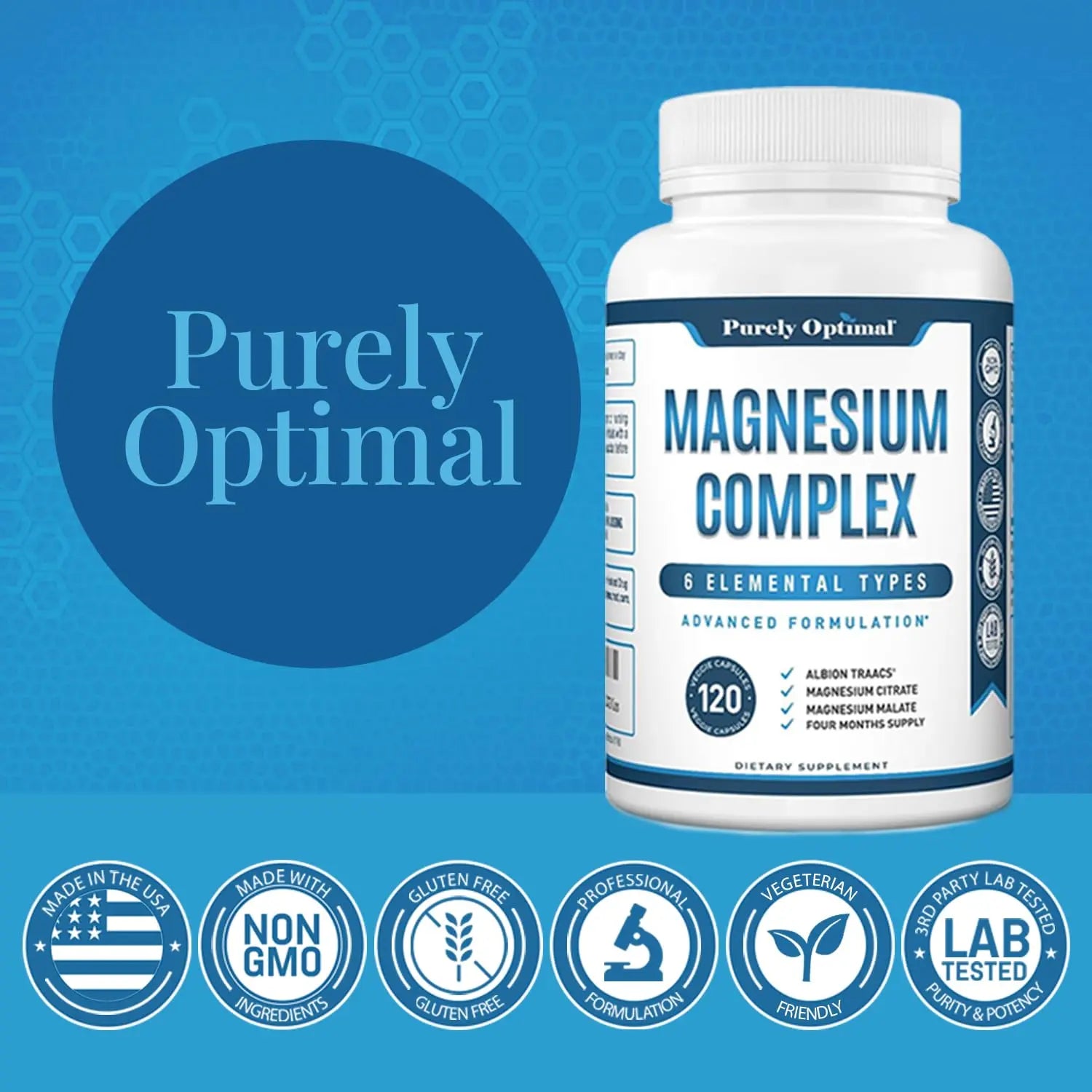 Purely Optimal Magnesium Complex - 6 Forms Magnesium Glycinate, Citrate & Malate - Sleep Support, Stress Relief, Muscles, Heart Health & Relaxation - Magnesium Supplement for Women & Men, 120 Caps Purely Optimal Au supplements