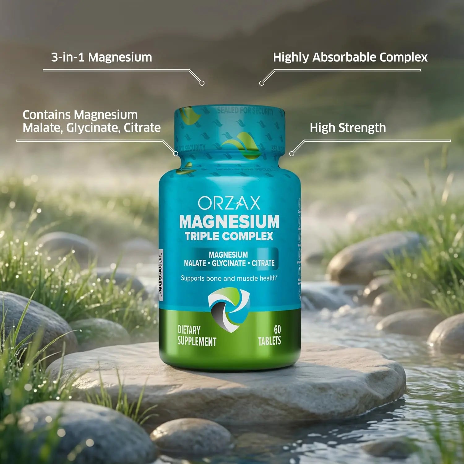 ORZAX Magnesium Triple Complex | Magnesium Glycinate, Citrate, Malate | Vegan, Gluten Free, Dairy Free, Halal | 200 mg of Triple Complex Magnesium for Muscles & Energy for Women and Men | 60 Tablets ORZAX Au supplements