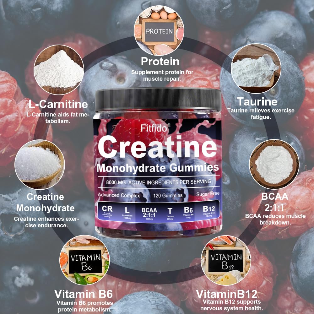 Creatine Monohydrate Gummies Complex 8000mg for Men and Women, Containing L-carnitine & Taurine, Build Muscle, Boost Energy, Faster Recovery, Sugar Free & Vegan, Raspberry & Blackberry, 120 Count Fitfido Au supplements