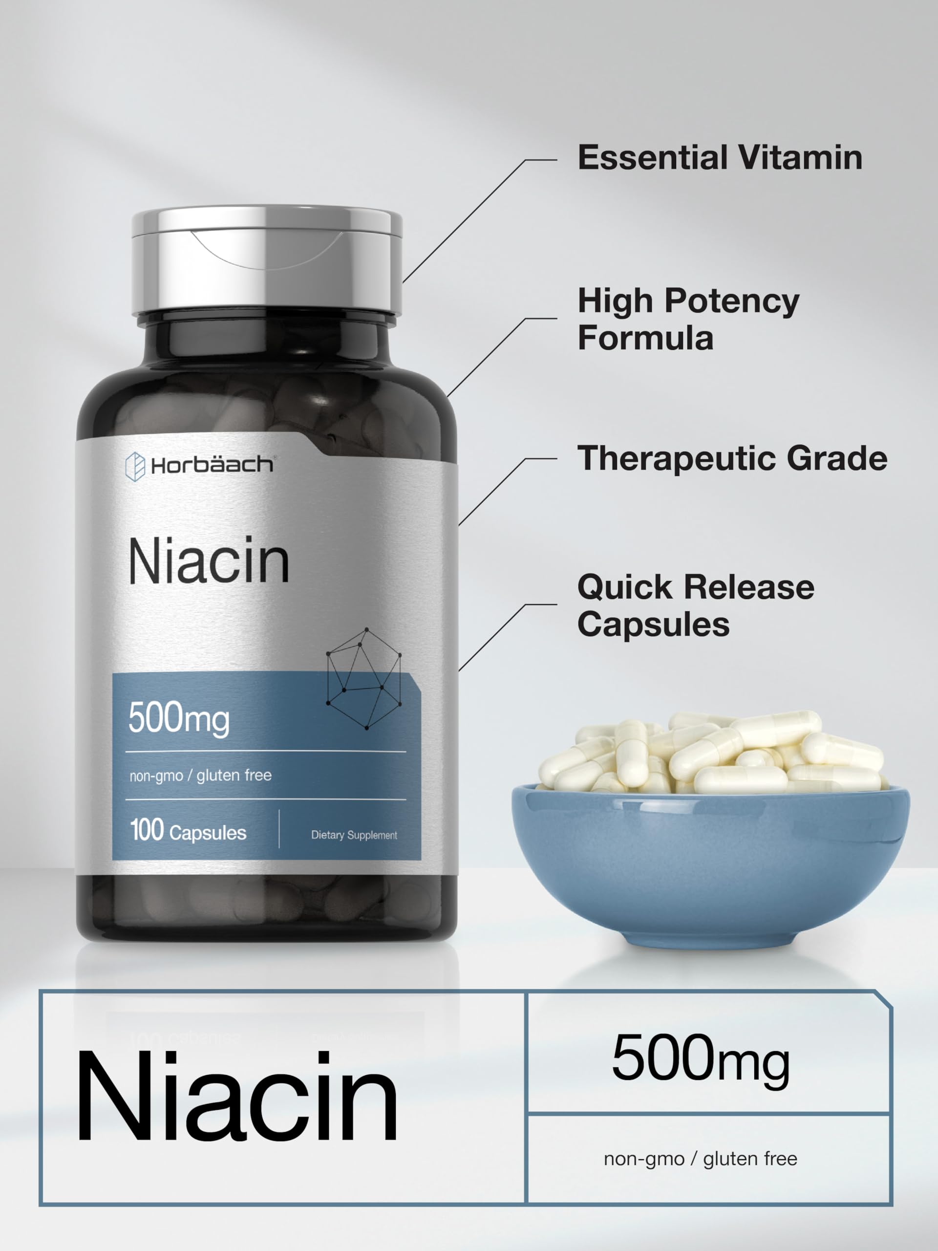 Niacin | Vitamin B3 500mg | 100 Capsules | with Flushing | Non-GMO, and Gluten Free Horbäach Au supplements