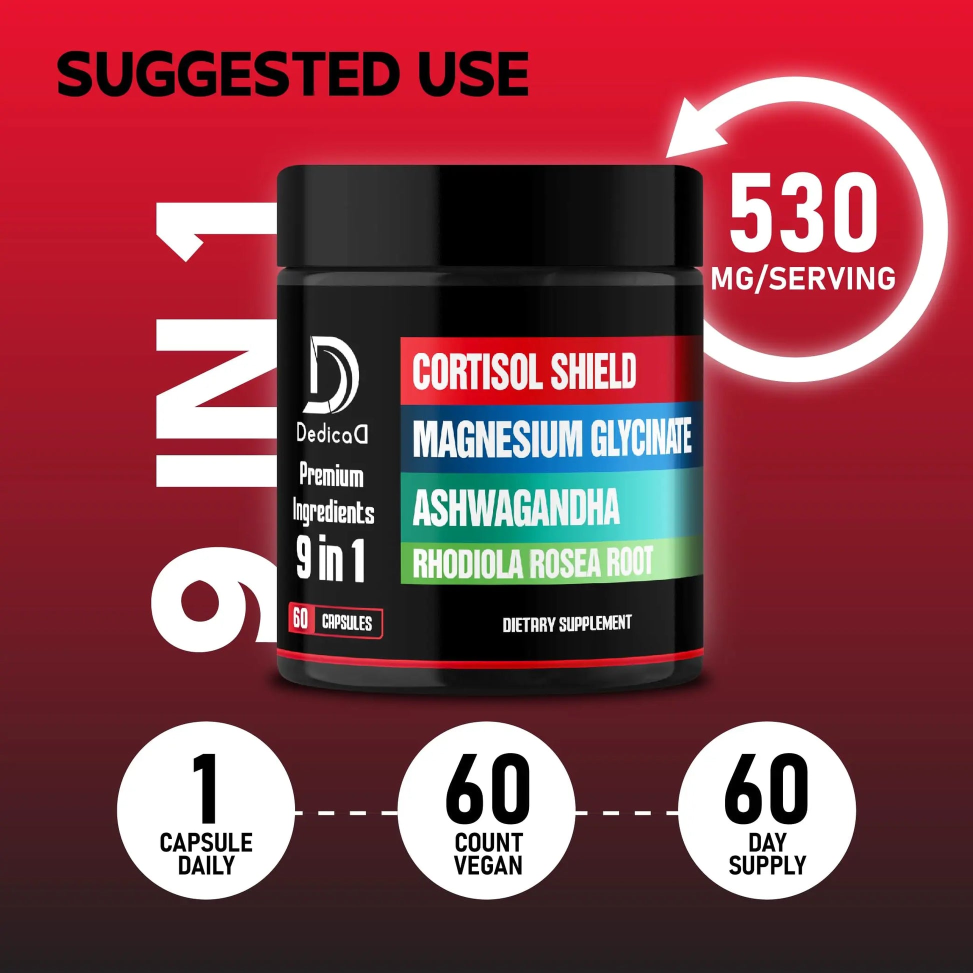 DEDICAD 9in1 Cortisol Shield - Magnesium Glycinate & Ashwagandha with Rhodiola, Phosphatidylserine, Passion Flower, L-Theanine, Apigenin, Licorice, Magnolia - Rest Well & Mood Balance - 60 Count DEDICAD Au supplements
