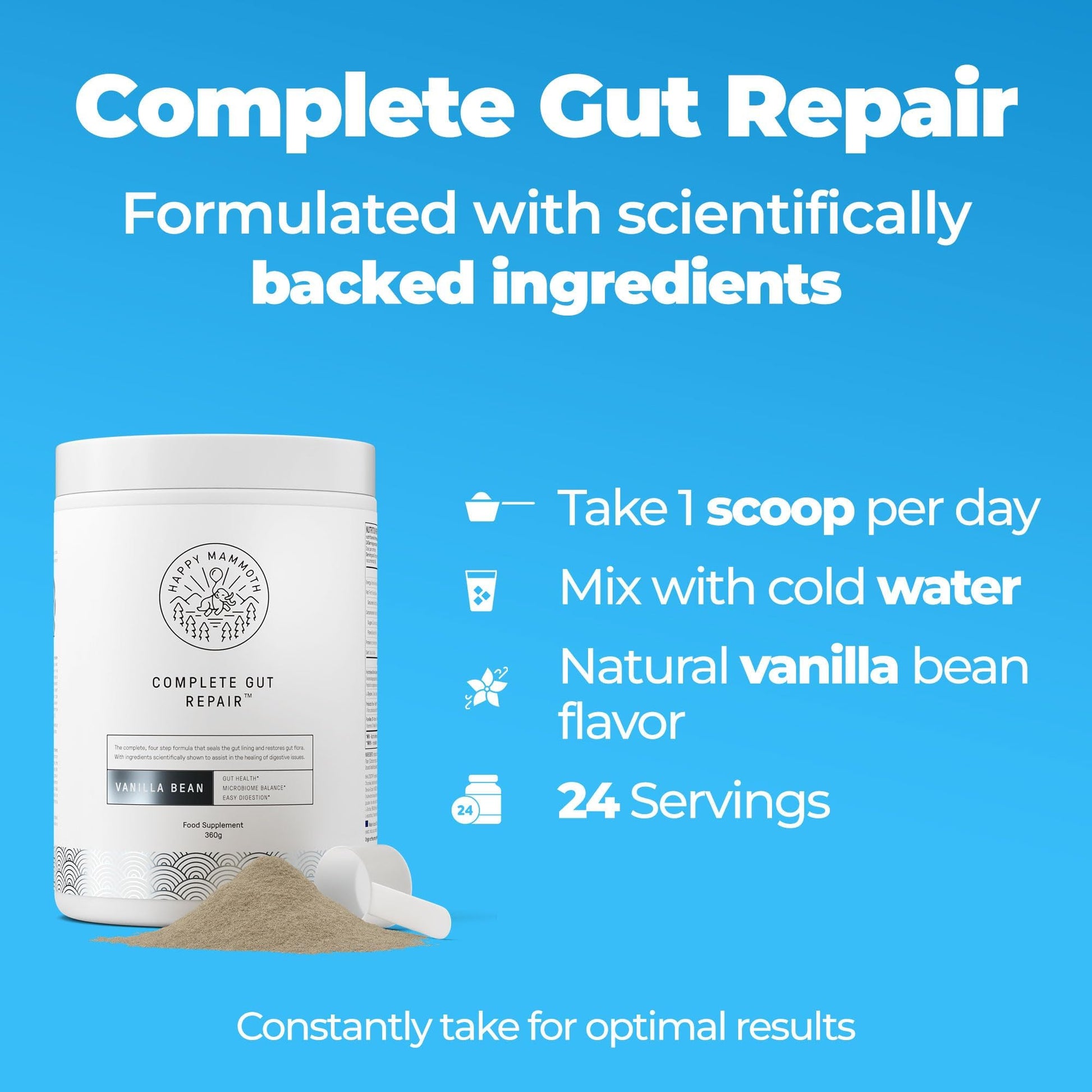 Happy Mammoth Complete Gut Repair Probiotic, Prebiotic, Fiber & Collagen Supplement for Gut Health, Digestion, Healthy Gut Microbiome, Reduces Constipation & Bloating 24 Servings, Vanilla Flavor Happy Mammoth Au supplements