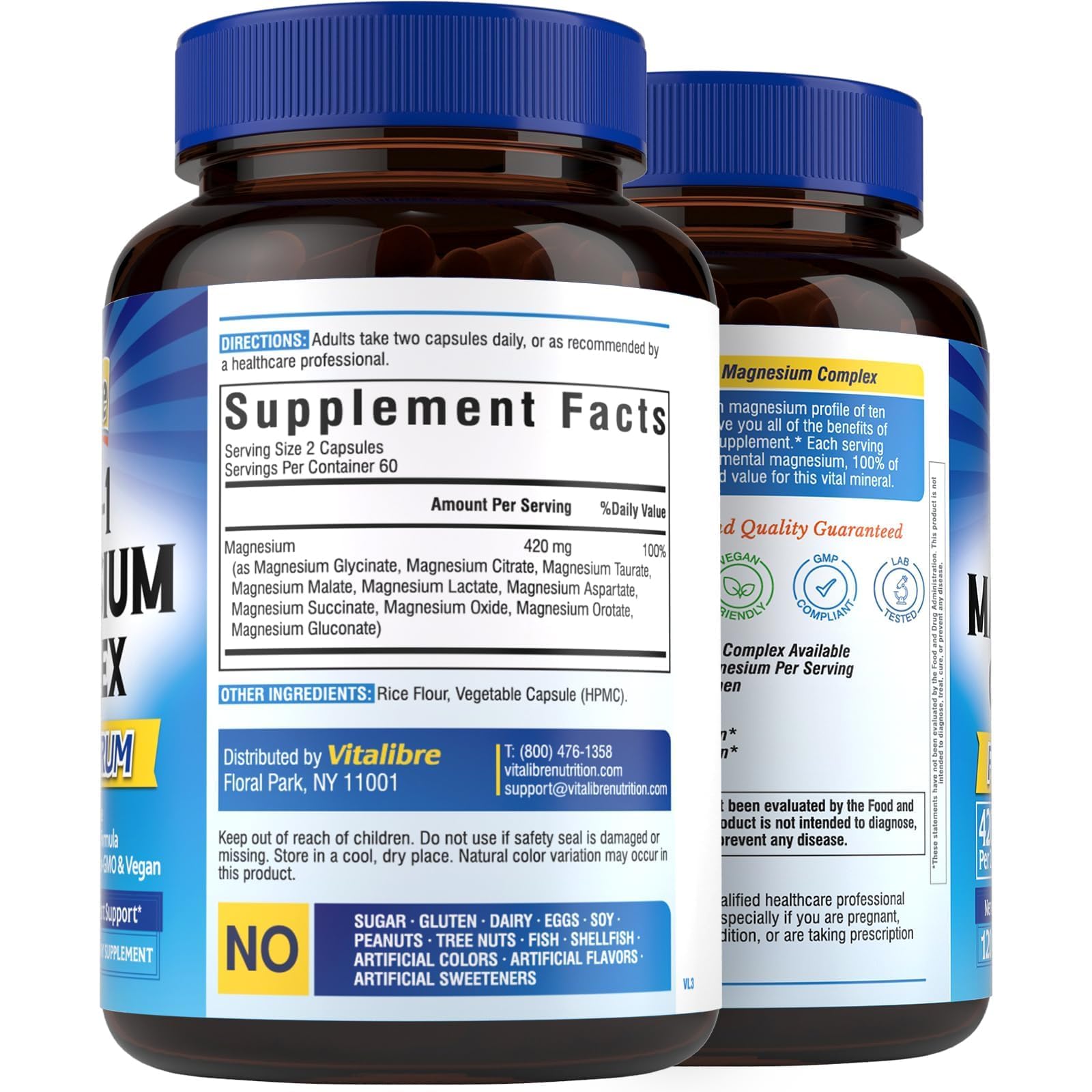 Vitalibre 10 in 1 Magnesium Complex, 420mg Elemental Magnesium | Ultra Strength, Max Absorption | Chelated Magnesium Supplement for Nerves, Bone & Heart Health | Non-GMO, 120 Vegan Capsules Vitalibre Au supplements
