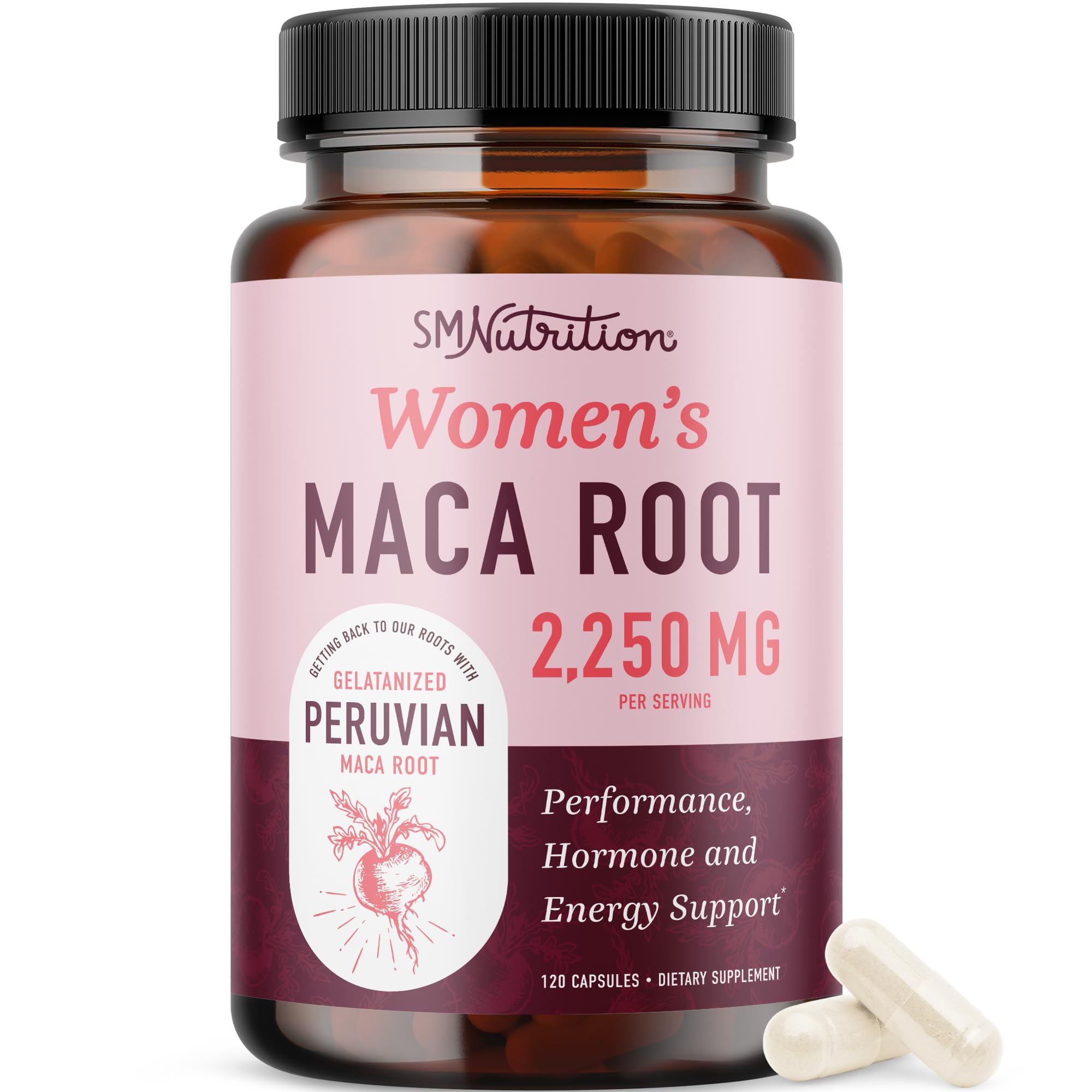 Organic Maca Root Capsules for Women | Peruvian Maca 2250MG Extra Strength | Red, Black & Yellow Root Powder with Black Pepper | Herbal Supplement to Support Energy & Hormone Balance | 120 Ct SMNutrition Au supplements