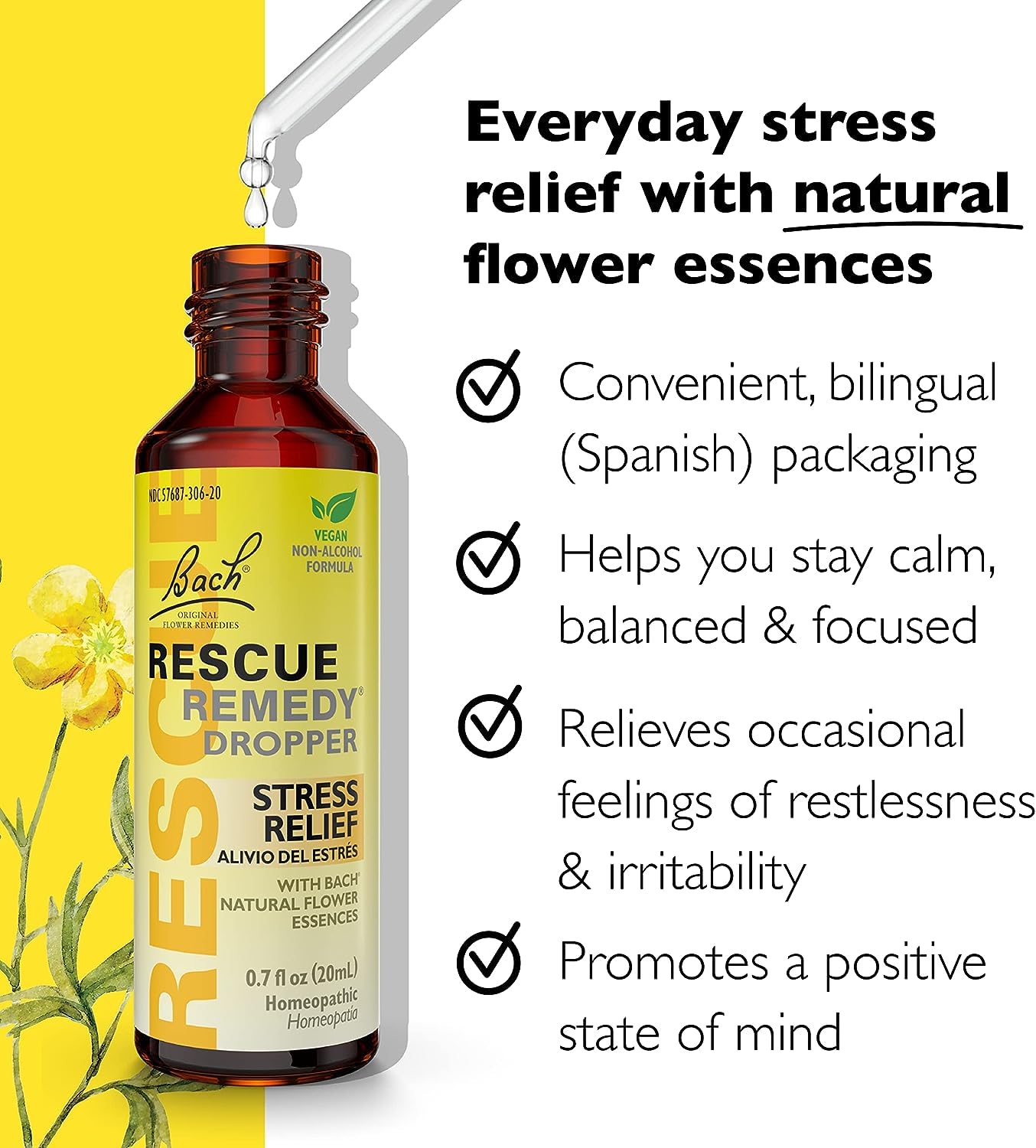 Bach RESCUE Remedy Dropper 20mL Bundle, Non-Alcohol Formula, Natural Stress Relief, Homeopathic RESCUE Au supplements