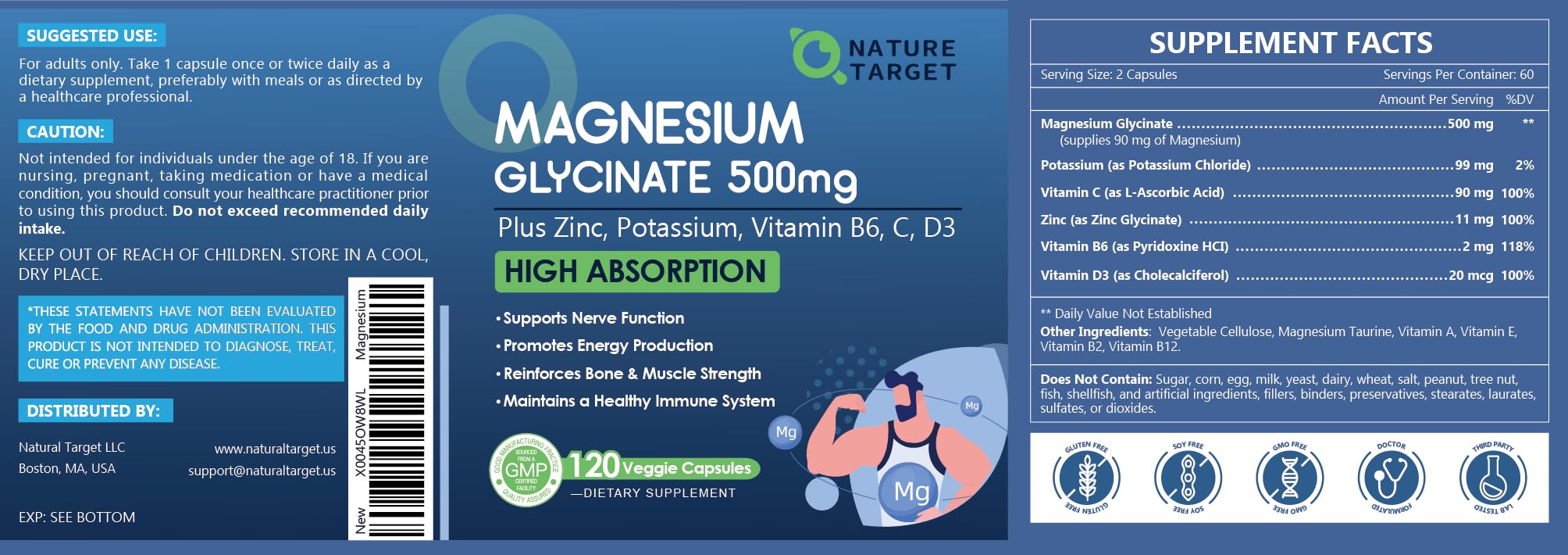 NATURE TARGET Magnesium Glycinate 500mg, Chelated Magnesium with Zinc & Vitamin D3 for Muscle, Nerve & Bone, Support Heart Health & Leg Cramp, Strength Immune System - 120 Capsules NATURE TARGET Au supplements