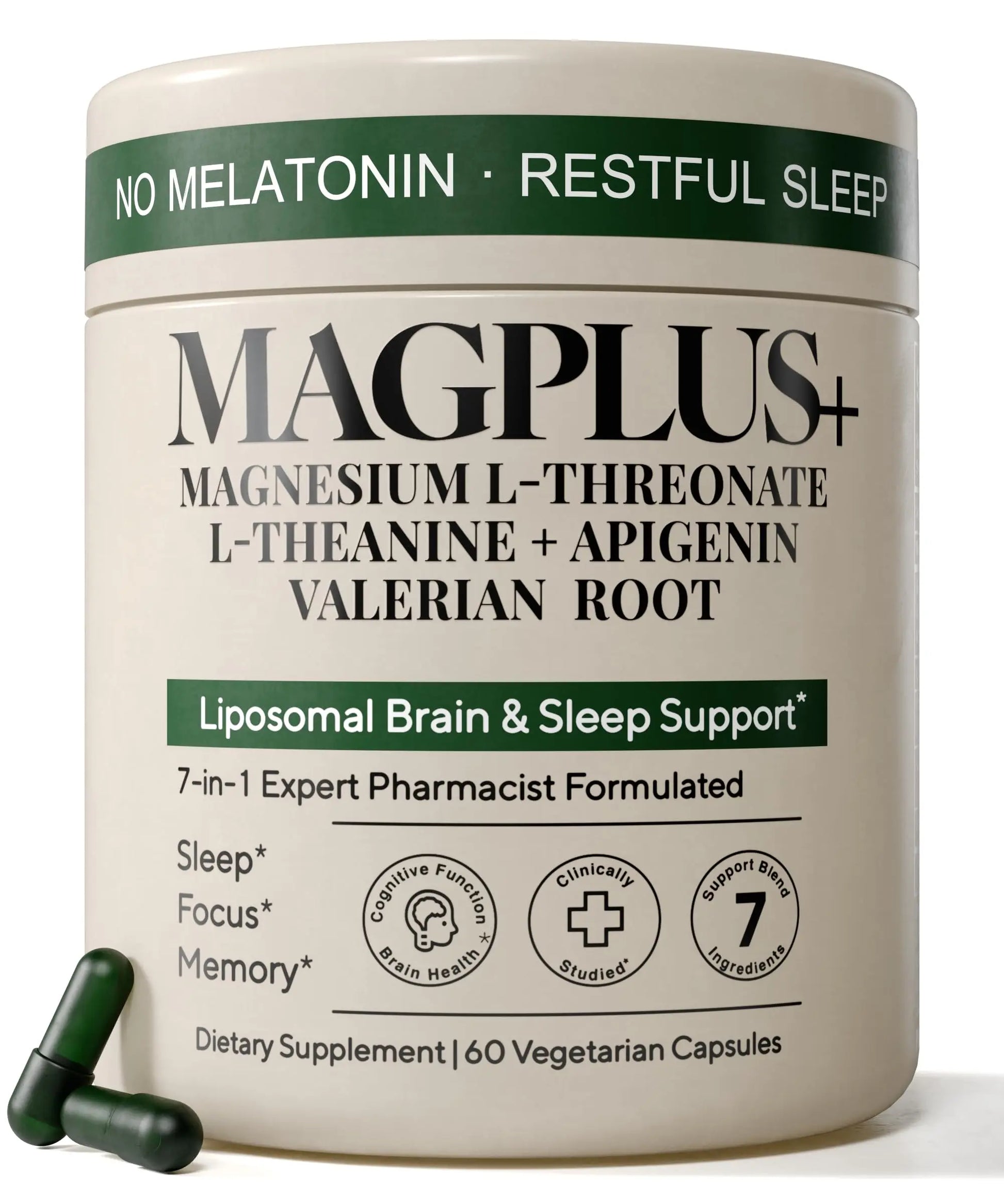 Magnesium L-Threonate with Apigenin, Valerian Root & L-Theanine – No Melatonin Restful Sleep & Brain Supplement – Clinically Studied 7-Ingredient Formula – Memory & Focus – 60 Capsules Plus+Ultra Au supplements