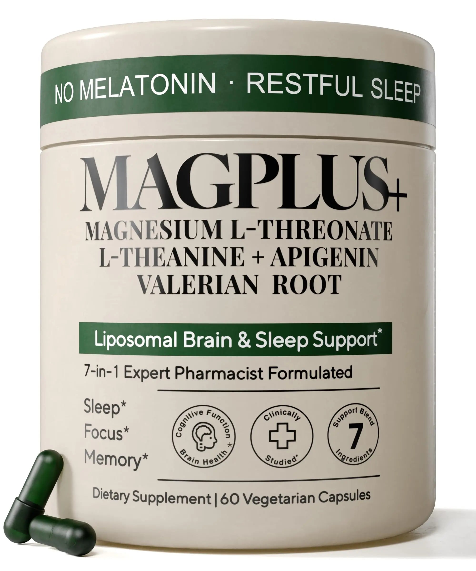 Magnesium L-Threonate with Apigenin, Valerian Root & L-Theanine – No Melatonin Restful Sleep & Brain Supplement – Clinically Studied 7-Ingredient Formula – Memory & Focus – 60 Capsules Plus+Ultra Au supplements