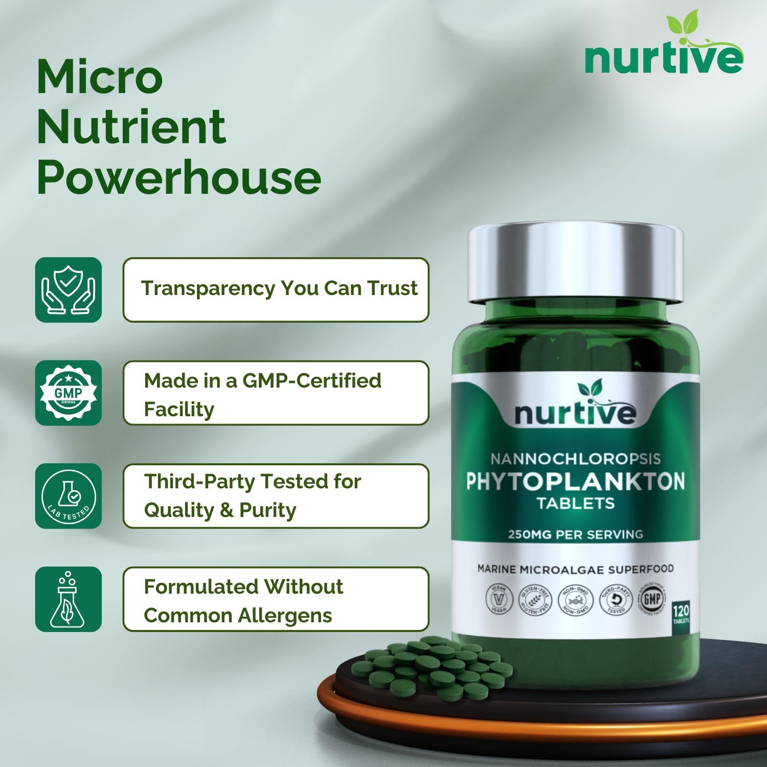 NURTIVE Nannochloropsis Phytoplankton Tablets – 250mg per Serving – Vegan, Gluten-Free, Non-GMO, No Fillers – Third-Party Tested, GMP Certified – 2 Tablets/Day for 2 Month, 120 Tablets/Bottle NURTIVE Au supplements