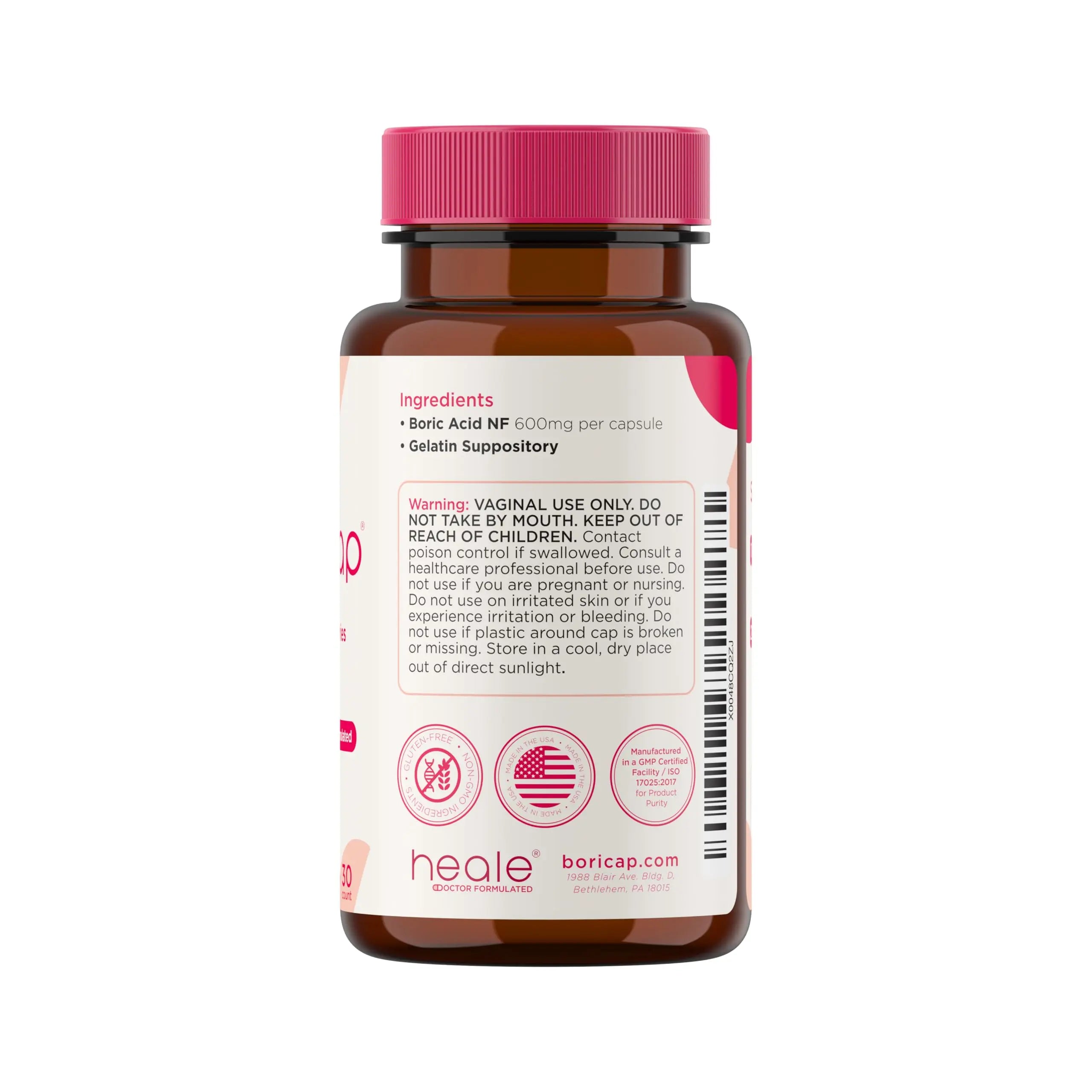 BoriCap - Boric Acid Suppositories for Women - 600 mg - Vaginal Health & Balance, Itch & Odor - Natural Relief - Feminine Care - Feminine Hygiene Products - Made in USA by Heale - 30 Capsules BoriCap Au supplements
