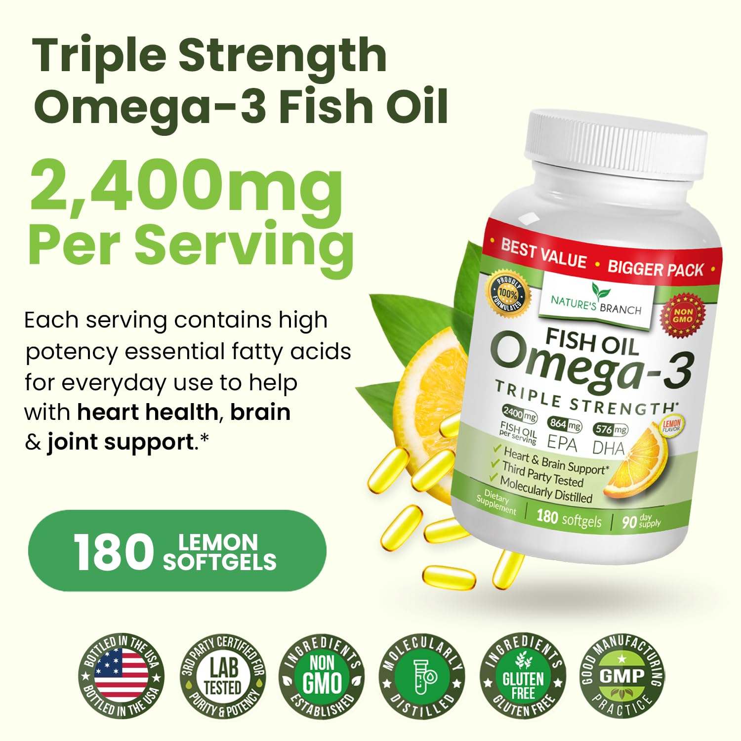 Triple Strength Omega 3 Fish Oil Supplements 2400mg | 180 Capsules, Burpless High Potency Lemon Flavor, High EPA DHA for Men & Women Ultra Pure Softgels | Joint Support, Eyes, Heart Brain Health Pills NATURE'S BRANCH Au supplements