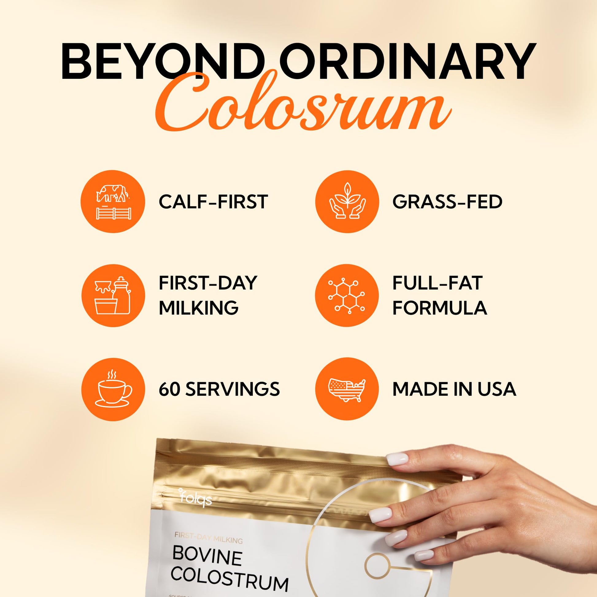 Folqs Bovine Colostrum Powder – First-Day Milking for Immune & Gut Support – 60 Servings – Supports Skin & Tissue Health – Made in USA - Amino Acids, Vitamins, Minerals – Kosher - Sustainably Sourced Folqs Au supplements
