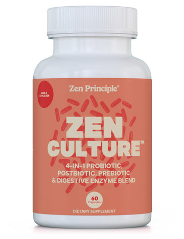 Zen Principle Zenculture™ – 4-in-1 Synbiotic Supplement (Probiotic + Prebiotic + Postbiotic + Digestive Enzymes) with CoreBiome®. Anti Bloating, Immune & Brain-Gut Health. 60 Capsules Zen Principle Au supplements