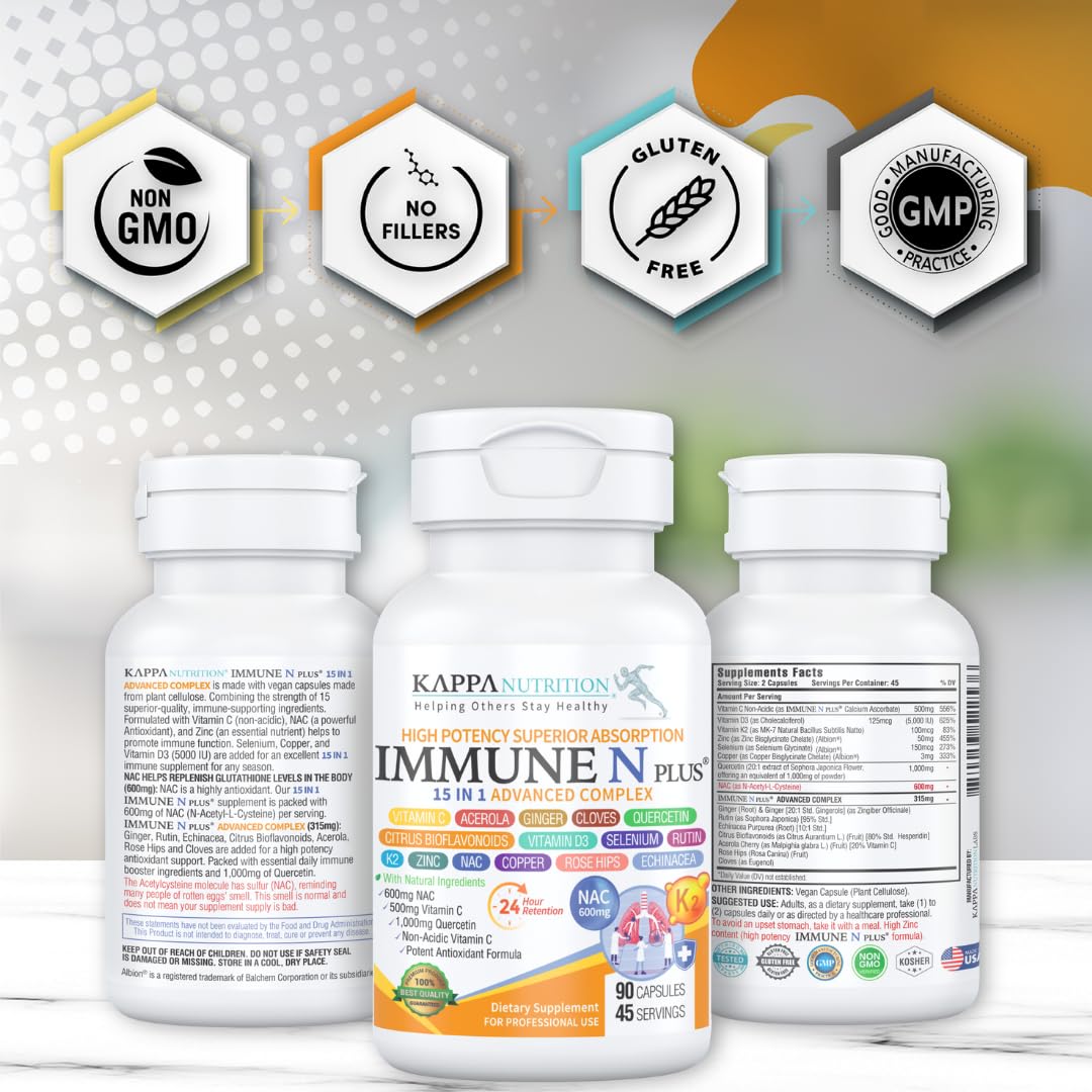 (60 Capsules), NAC 600mg, Quercetin 1,000mg, Vitamin C 500mg, Zinc 50mg, Vitamin D3 5,000iu, Selenium, Copper, Acerola, Ginger, Rutin, Citrus Bioflavonoids, Rose Hips, Echinacea, Immune N Plus 15 in 1 KAPPA NUTRITIONAu supplements