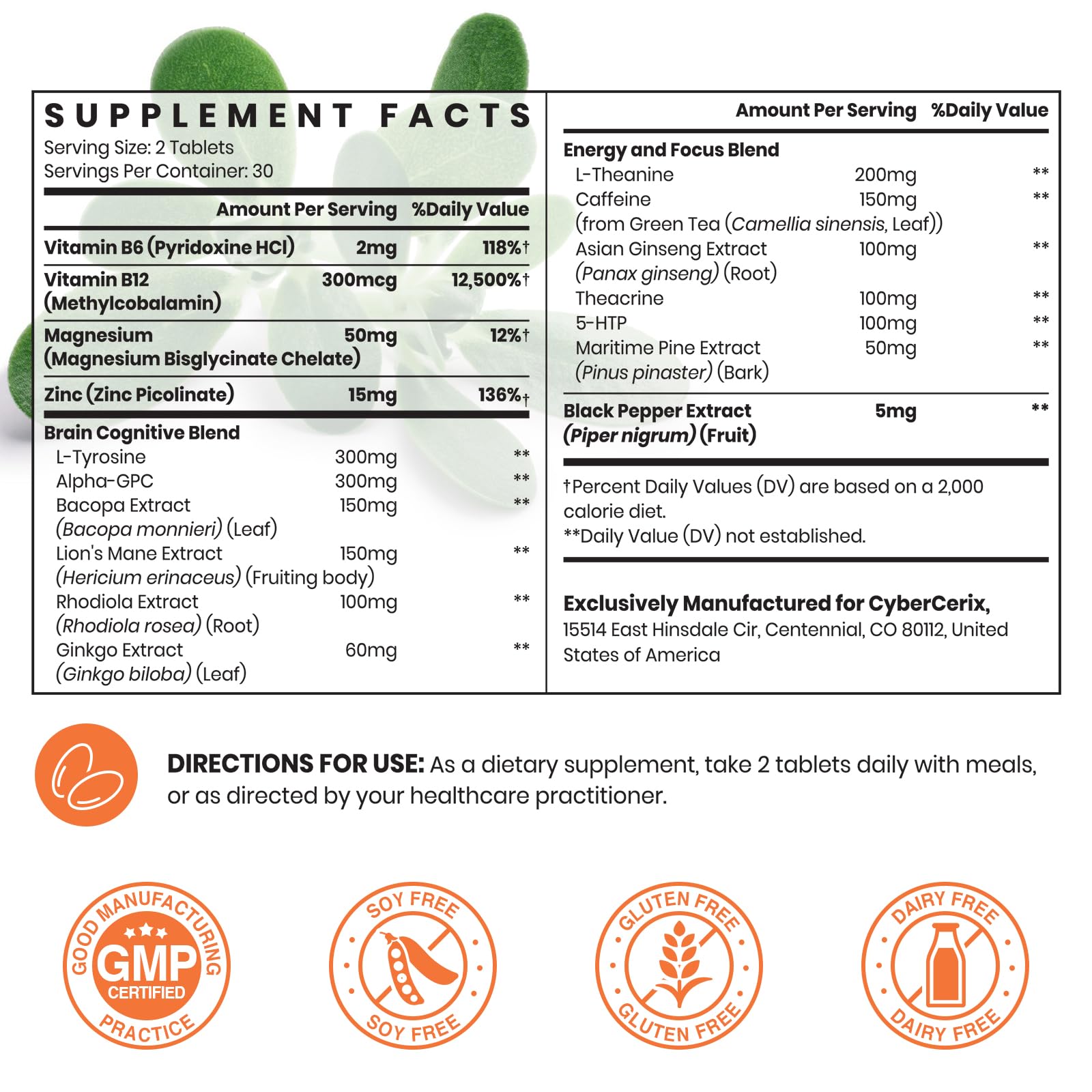17-in-1 Brain Supplement for Memory and Focus - Nootropic Brain Supplement for Concentration, Clarity, Energy & Focus - Natural Caffeine Blend with Vitamins, Amino Acids & Herbal Extracts - 60 Tablets CyberCerix Au supplements