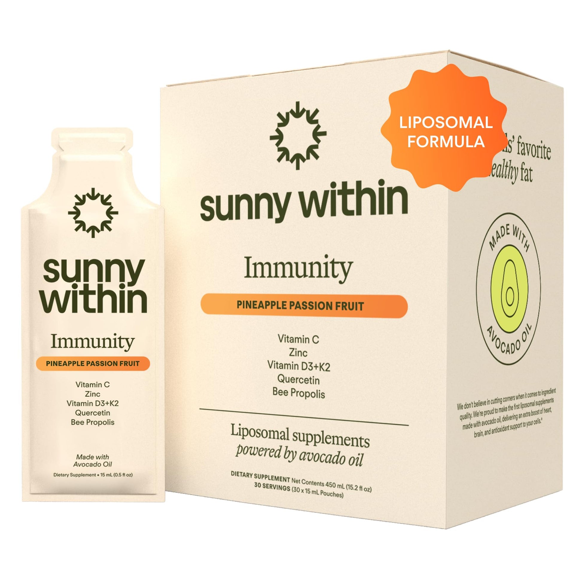 Sunny Within Immunity - 6-in-1 Liposomal Vitamin C Packets, Zinc, D3 + K2, Quercetin, Bee Propolis & Avocado Oil - Antioxidant Liquid Supplement for Immunity, Skin & Bone* - 30 Pouches Sunny Within Au supplements