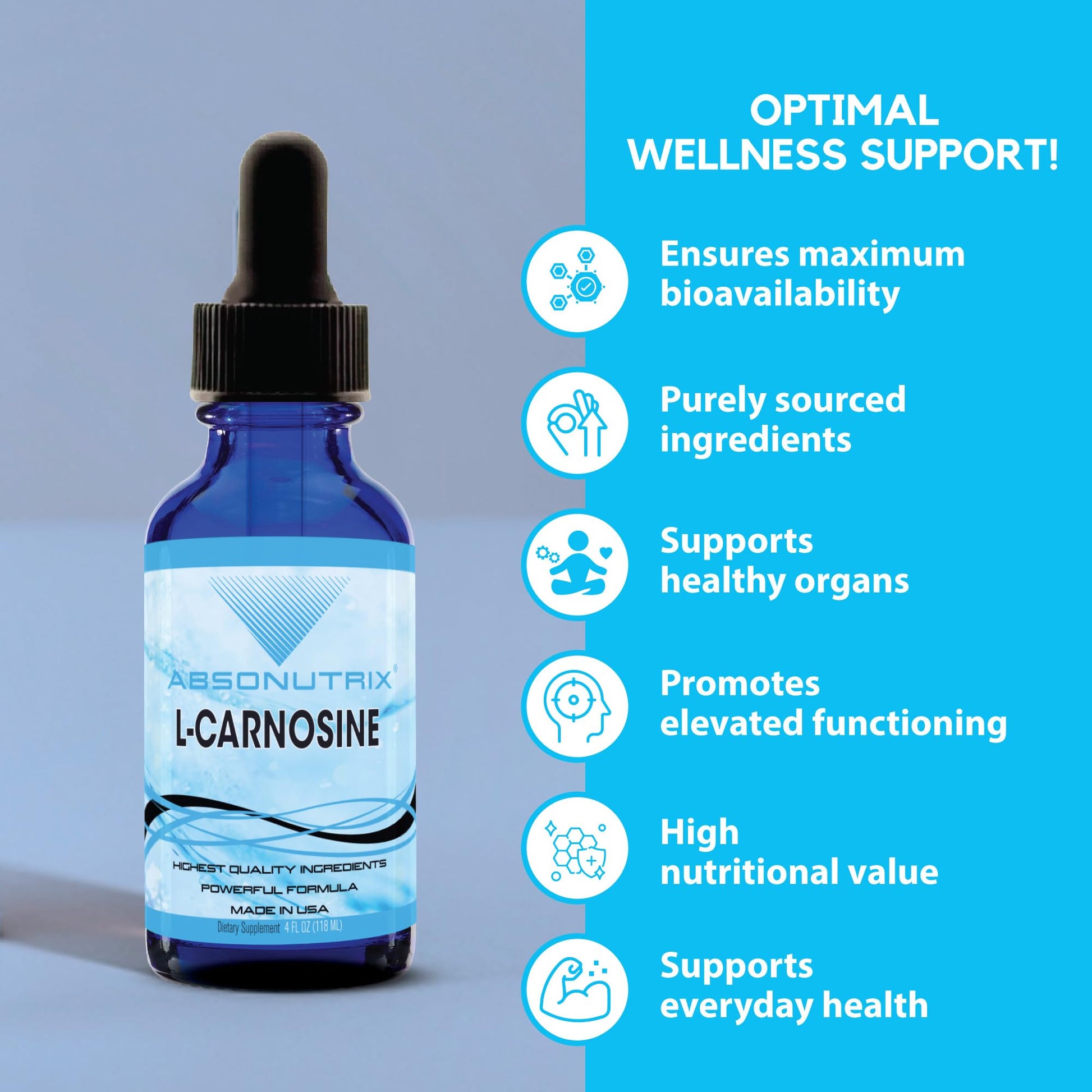 Absonutrix L-Carnosine - 583 mg 4 Oz Bottle, 200 Highly Potent Servings, Easy-to-Consume Drops, High Bioavailability, Third-Party Tested, GMP-Certified, Non-GMO, Cruelty-Free Products, Made in USA Absonutrix Au supplements