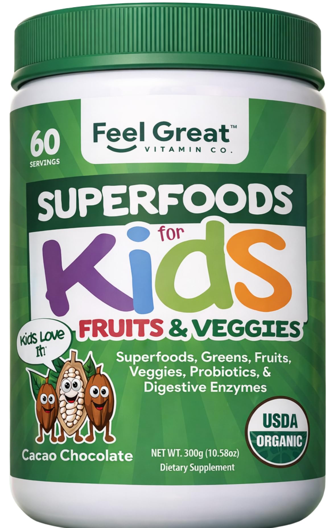 Feel Great USDA Organic Super Greens Powder for Kids - Cocao Chocolate | Fruit & Veggie Supplement | Superfood Powder with Probiotics & Digestive Enzymes for Digestive Health | 60 Days Supply The Feel Great Vitamin Company Au supplements