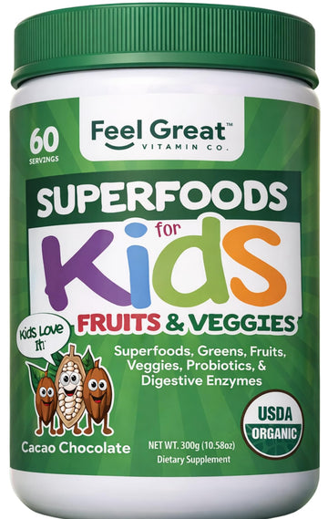 Feel Great USDA Organic Super Greens Powder for Kids - Cocao Chocolate | Fruit & Veggie Supplement | Superfood Powder with Probiotics & Digestive Enzymes for Digestive Health | 60 Days Supply The Feel Great Vitamin Company Au supplements