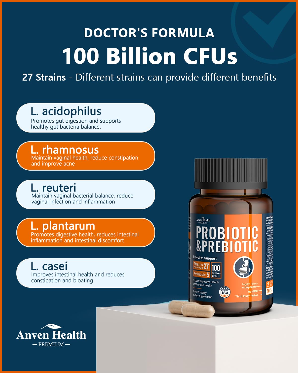 Anven Health 100 Billion Probiotics for Men and Women 27 Strains 5 Organic Prebiotics for Gut Digestive & Immune Health, Supports Diarrhea Gas Bloating, Non-GMO, Zero Fillers – Made in USA丨180 Caps Anven Health Au supplements