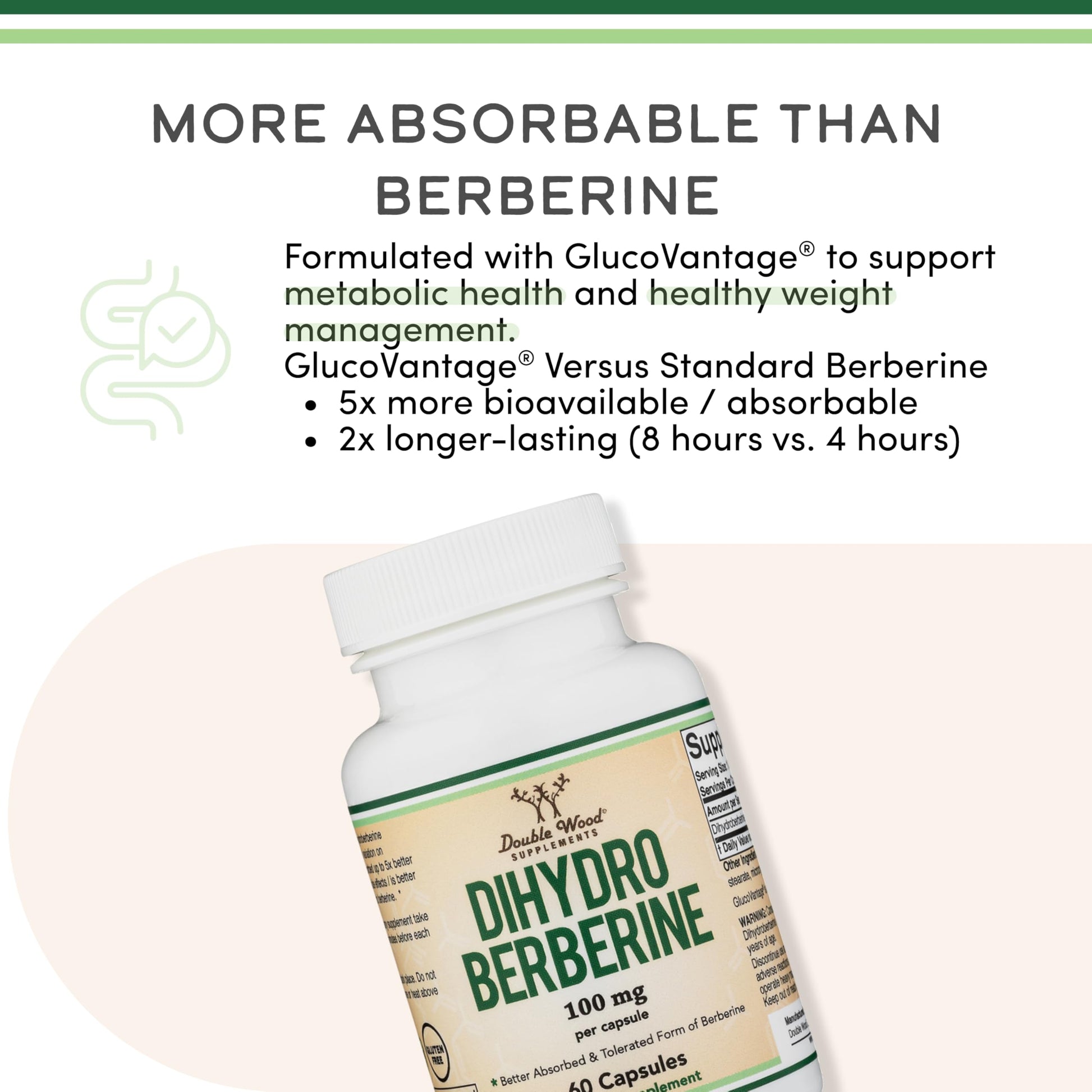 Dihydroberberine Supplement 100mg, 60 Capsules (Patented GlucoVantage Super Berberine, May be 5X More Effective Than Berberine with Less Side Effects) Third Party Tested, Vegan Safe by Double Wood Double Wood Supplements Au supplements