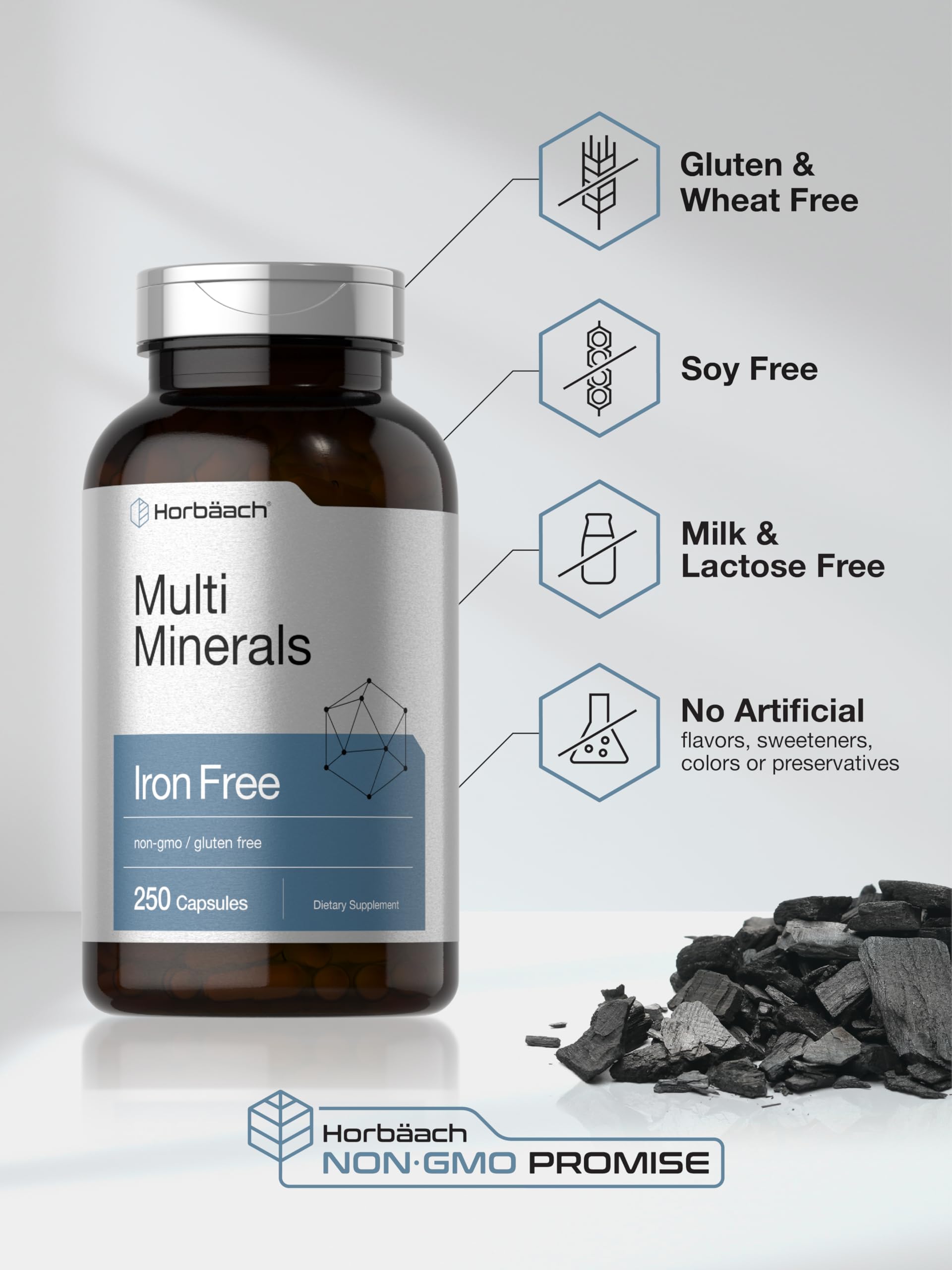 Horbäach Multi Minerals Supplement | 250 Capsules | Iron Free | Daily Mineral Complex for Men and Women | Non-GMO & Gluten Free Horbäach Au supplements