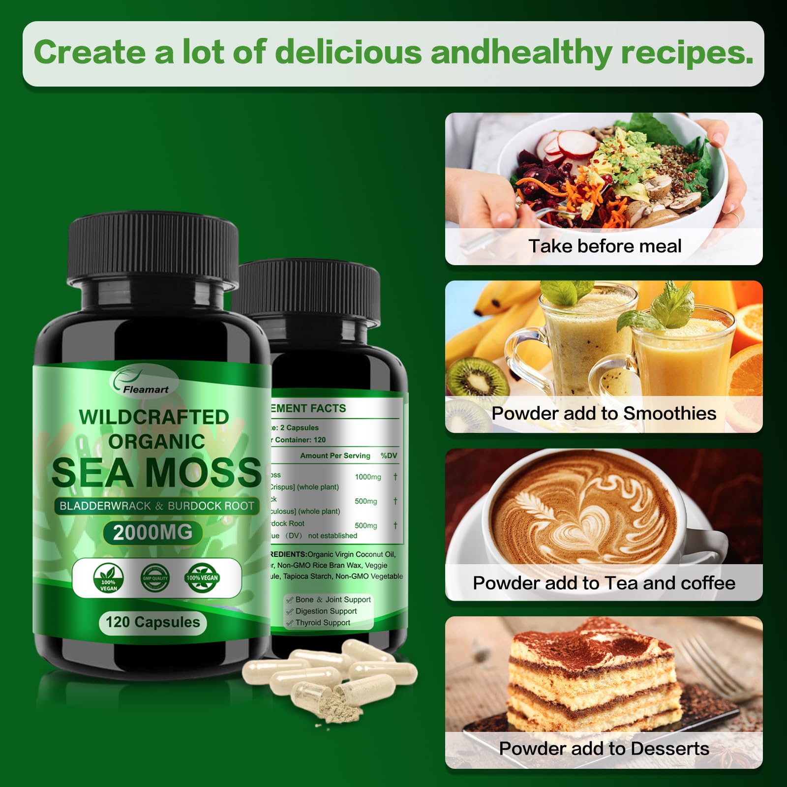 Fleamart Irish Sea Moss Capsules 120ct Raw Organic Sea Moss Wildcrafted Bladderwrack Fleamart Au supplements