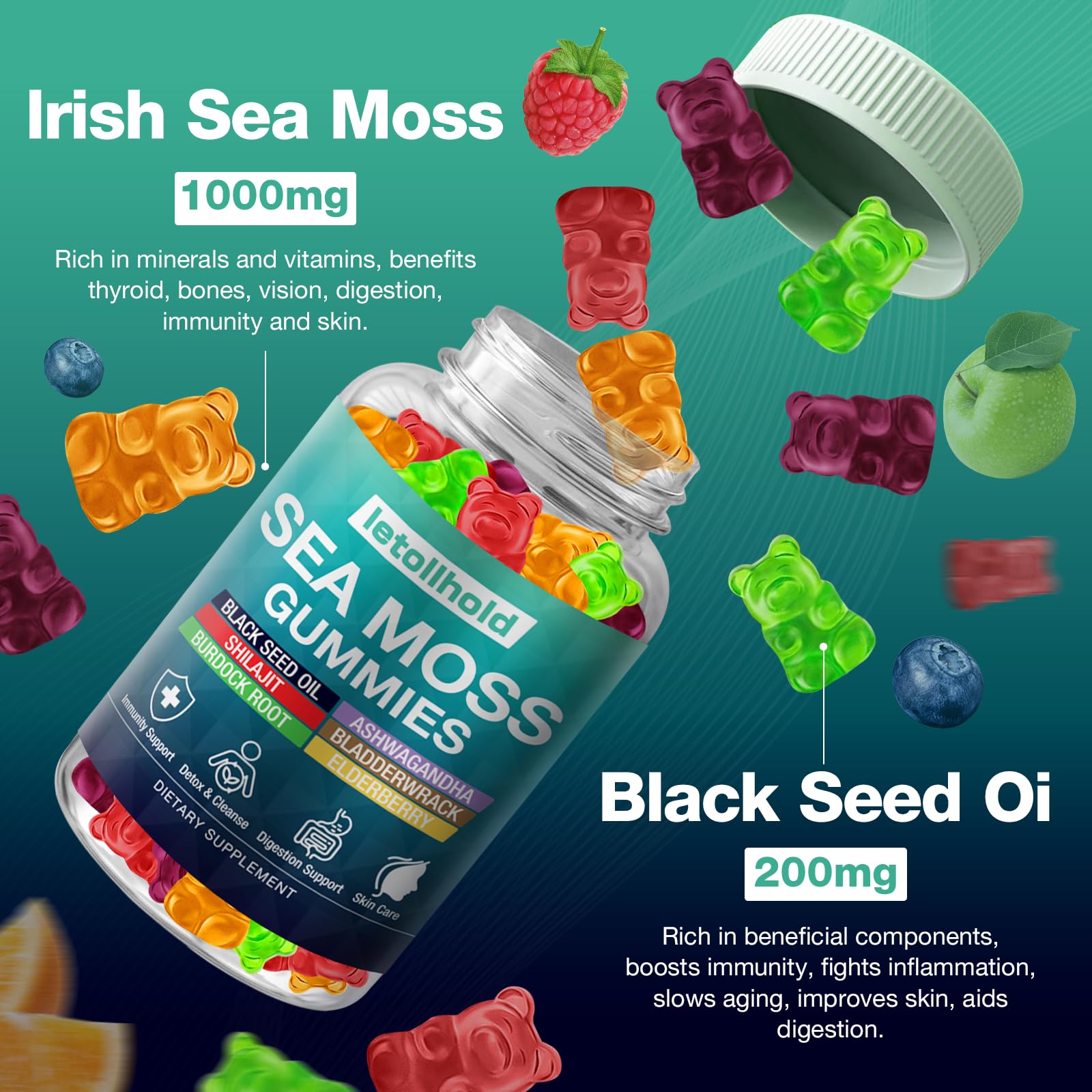 Sea Moss Gummies - Irish Sea Moss Gummies Advanced for Adults with Ashwagandha Bladderwrack & Burdock Root for Supports Immune，Energy - 60 Vegan Gummy,2PCS letollhold Au supplements