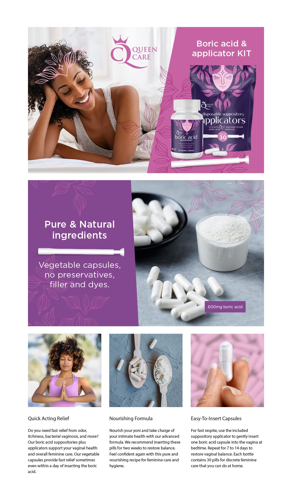 Queen Care - Boric Acid Suppositories & Applicators, Complete Feminine Care, PH Balance for Women Queen Care Au supplements