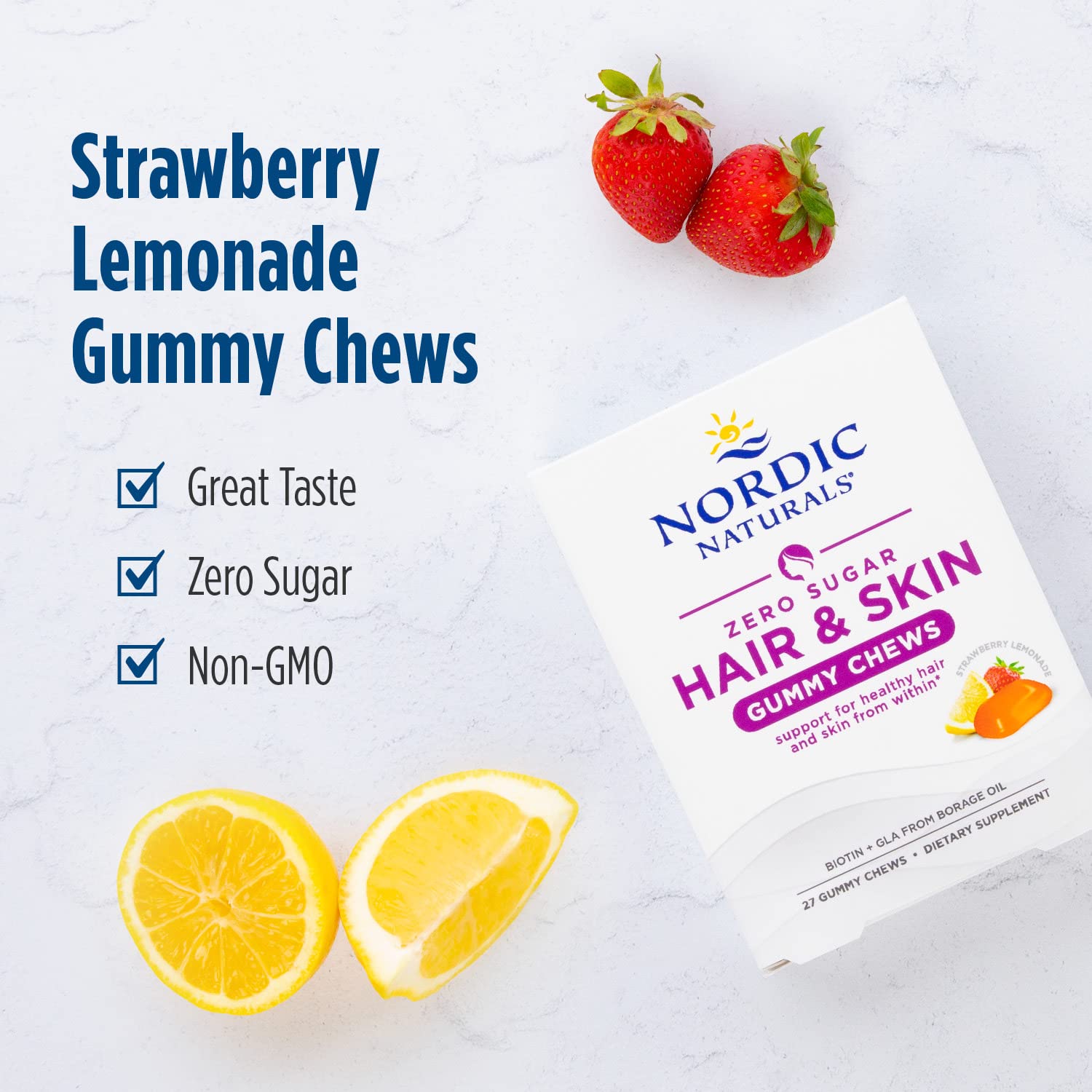 Nordic Naturals Zero Sugar Hair & Skin Gummy Chews, Strawberry Lemonade - 27 Gummy Chews - Biotin + GLA from Borage Oil - Promotes Healthy Balance of Fats in Skin - Non-GMO - 27 Servings Nordic Naturals Au supplements