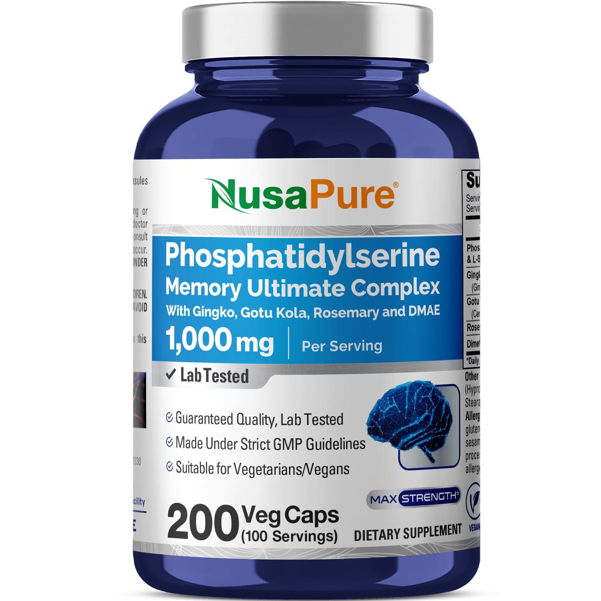 NusaPure Phosphatidylserine Memory Ultimate Complex 1000mg 200 Vegetarian Caps (Vegan, Non-GMO) NusaPure Au supplements