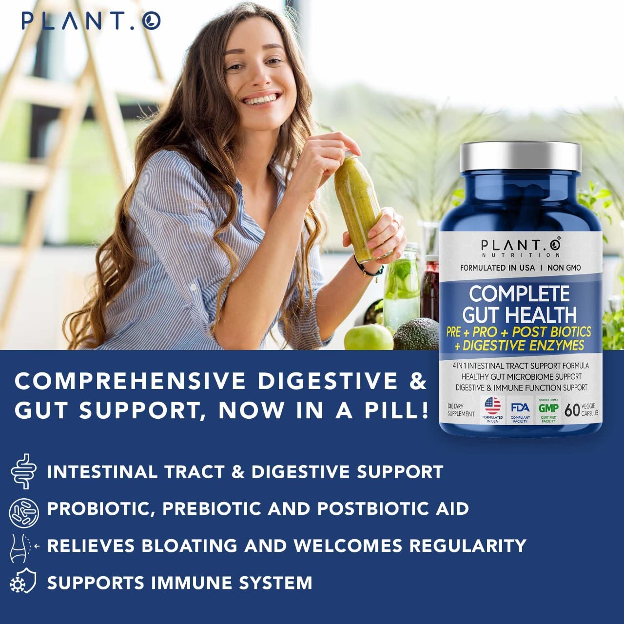 4-in-1 Prebiotic Probiotic & Postbiotic for Women & Men, Complete Gut & Digestive Support Supplement, Pre Post Probiotics & Digestive Enzymes 60 Capsules PLANT.O NUTRITION Au supplements