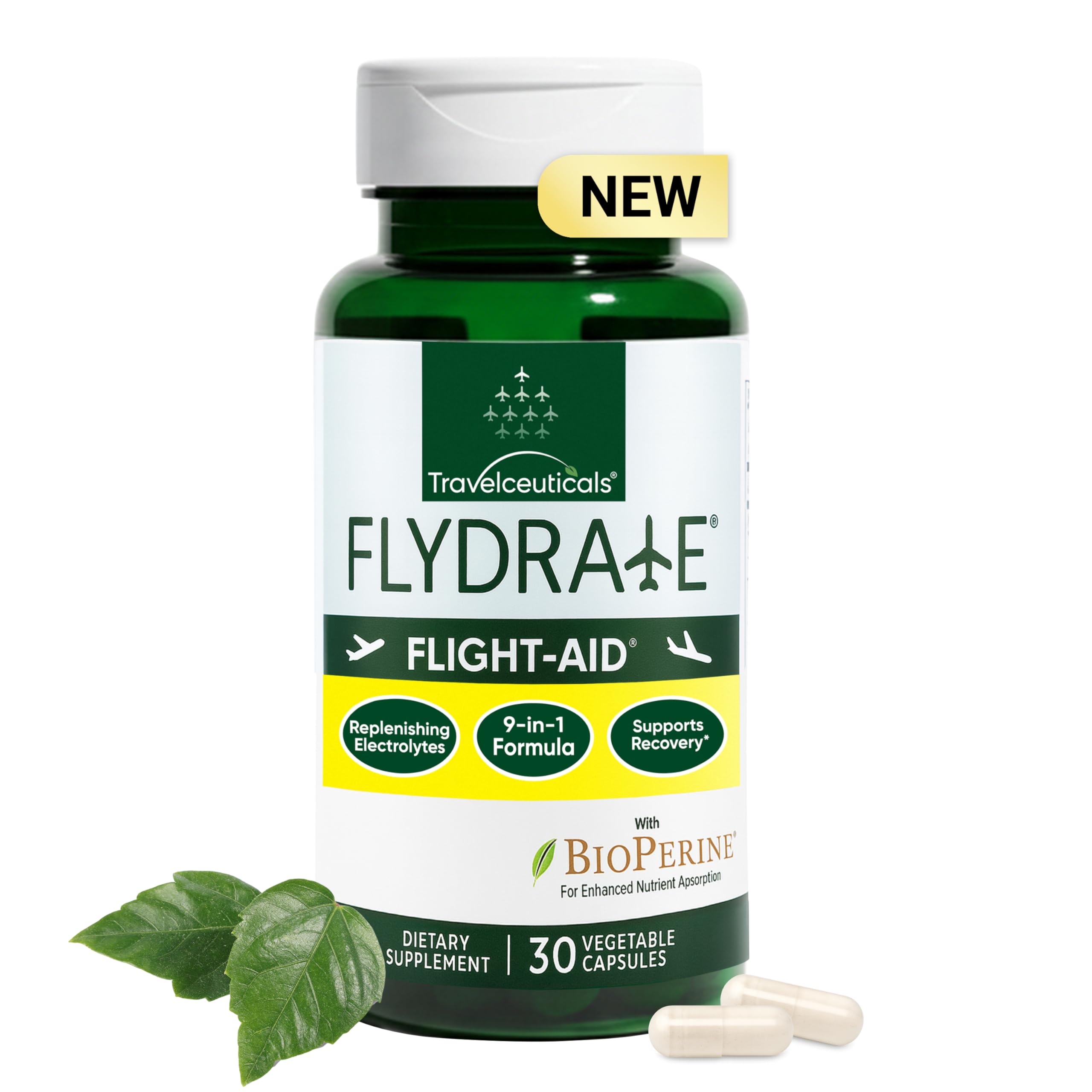Flight-Aid | Replenishing Electrolyte Hydration Capsules Made for Travel, Jet Lag, Fatigue & Recovery | 9-in-1 Formula with Essential Electrolytes, Vitamins, Minerals & Bioperine® | 30 Capsules Flydrate Au supplements