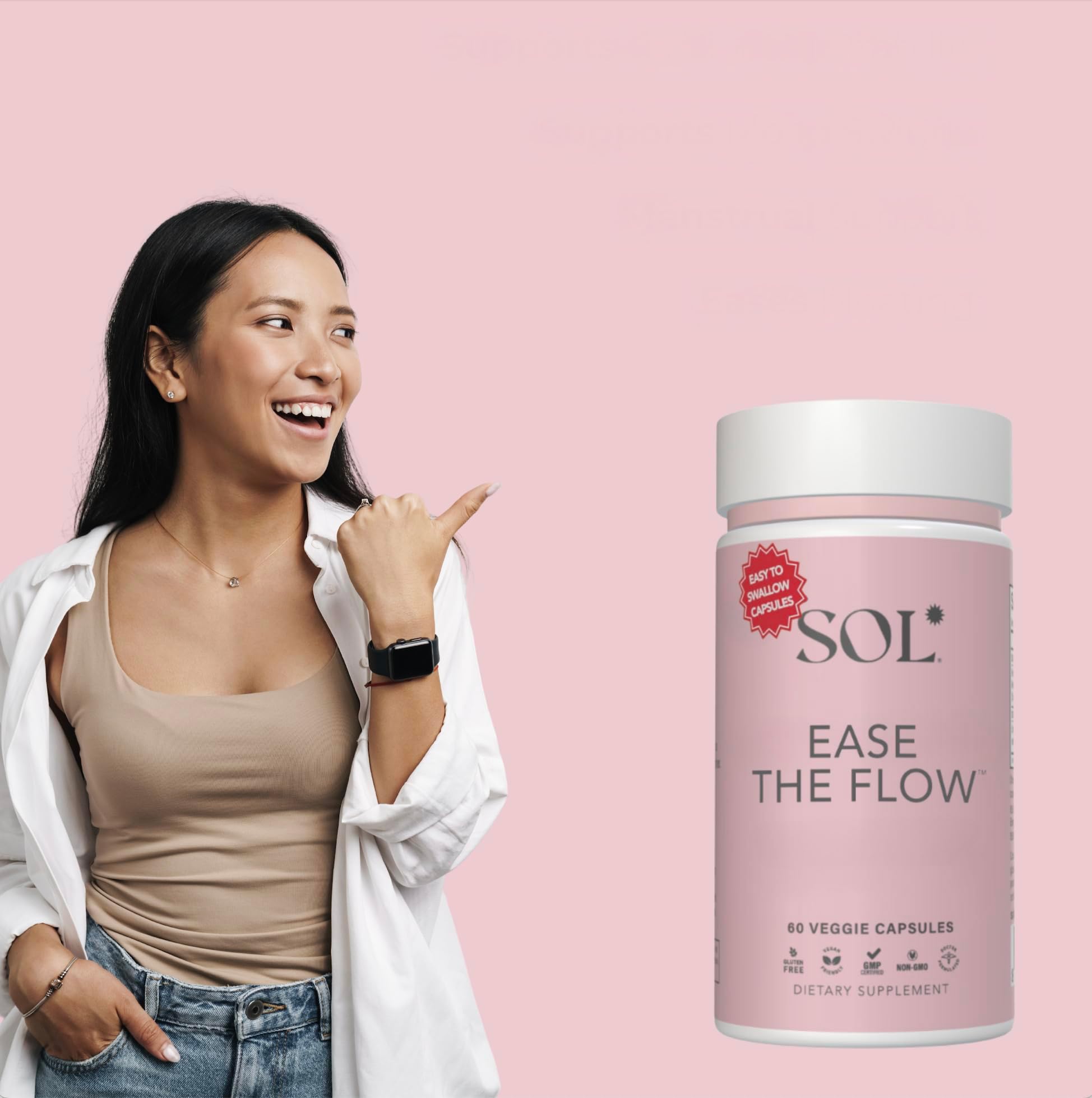 Sol Nutrition Ease the Flow - PMS Support, Menstrual Relief, PMDD Supplements, Period Relief Products, Eases Bloating & Mood Swings, Vitamins B6 & B8, 60 Easy-to-Swallow Capsules Sol Nutrition Au supplements