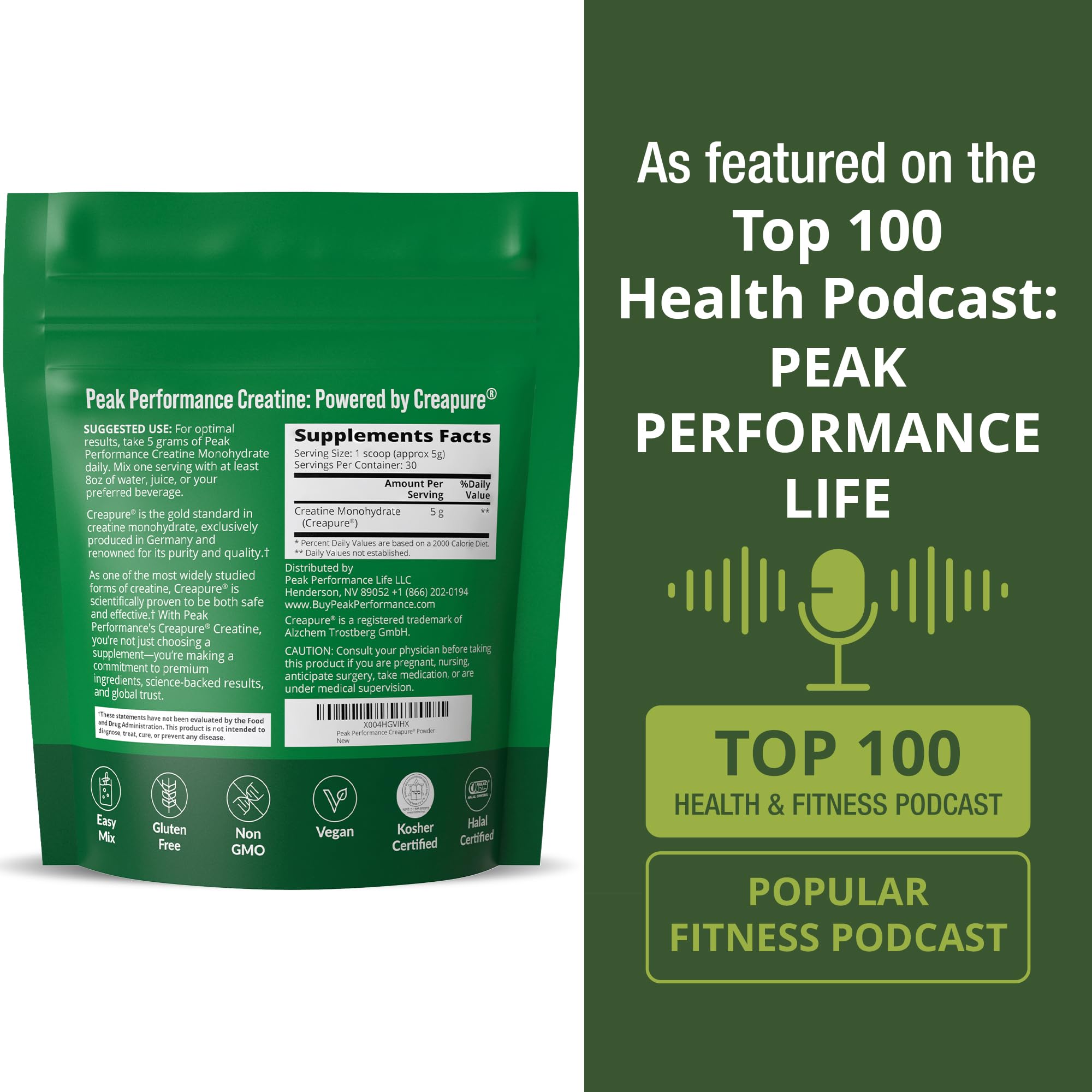 Creapure Creatine Monohydrate Powder. Ultra High Purity German Made Creatine with Nothing Else Added at All. Pure and Unflavored for Men & Women. Zero Bloating, No Sugar, Vegan Friendly Supplement Peak Performance Au supplements