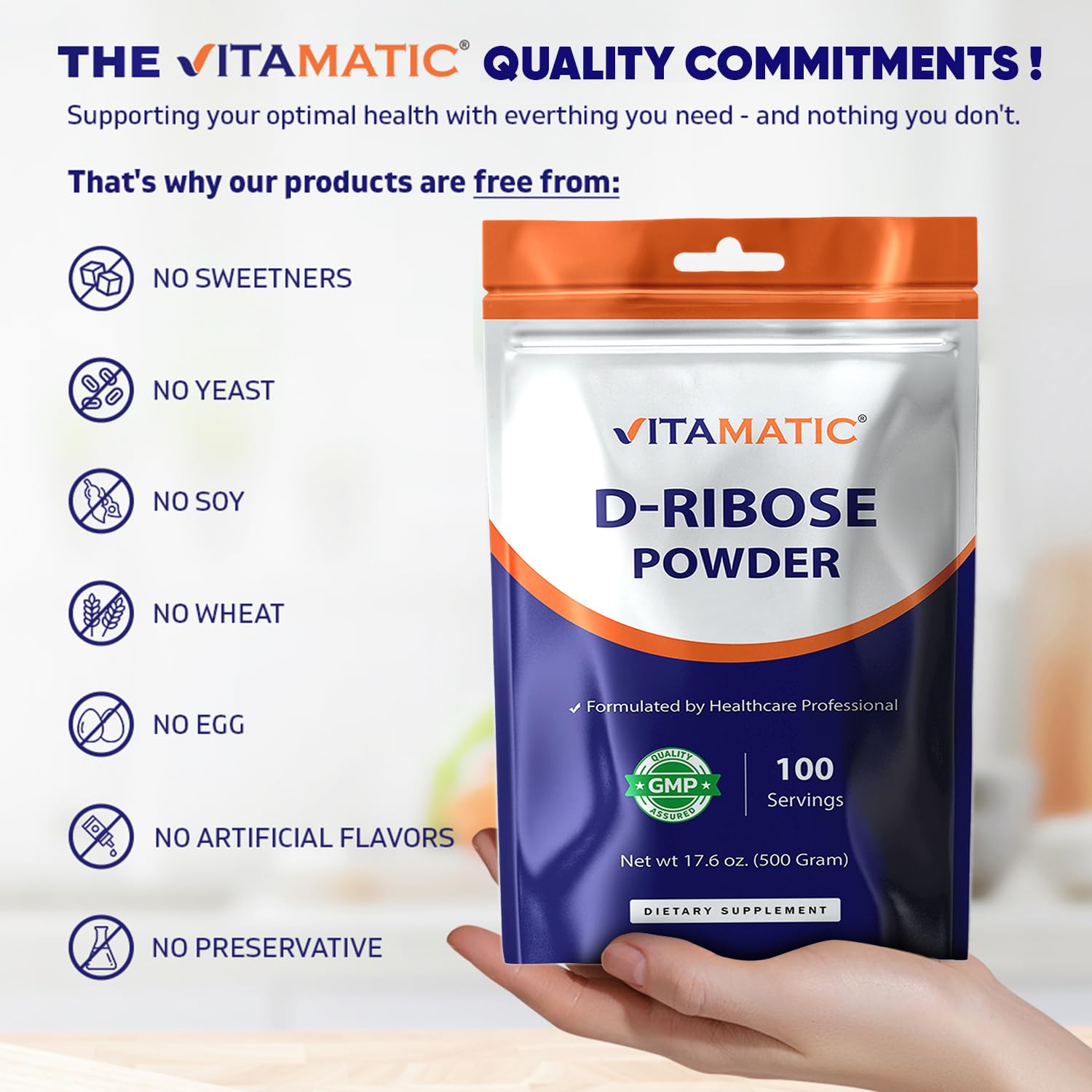 Vitamatic D-Ribose Powder 500g - 17.6 OZ (500 Gram) | Pure & Unflavored | Non-GMO | Easy-Mix Dietary Supplement Vitamatic Au supplements