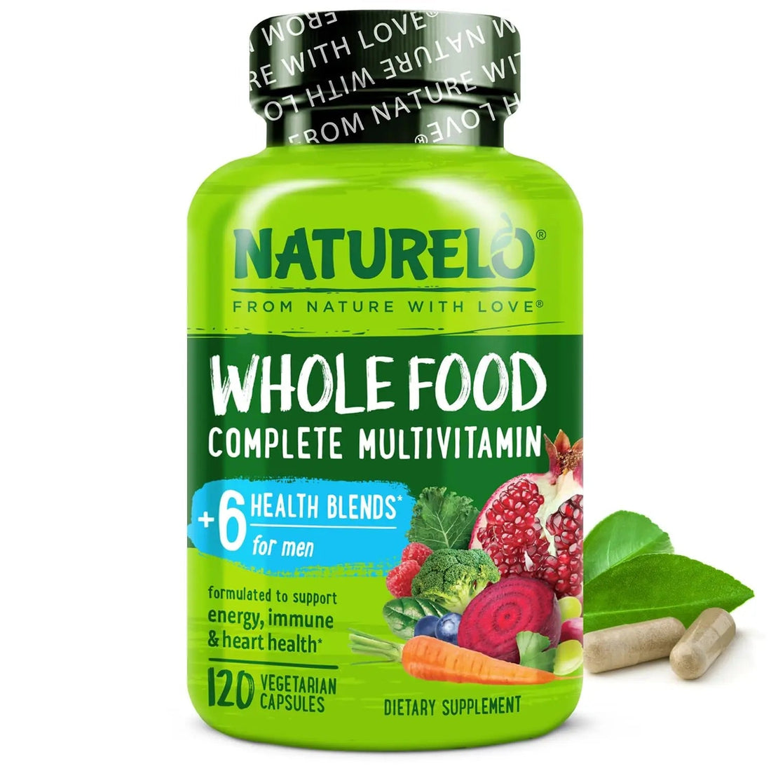 NATURELO Mens Multivitamins - Whole Food Multivitamin for Men with Vitamins, Minerals - 120 Vegetarian Capsules for Energy, Brain, Heart, Eye Health* NATURELO