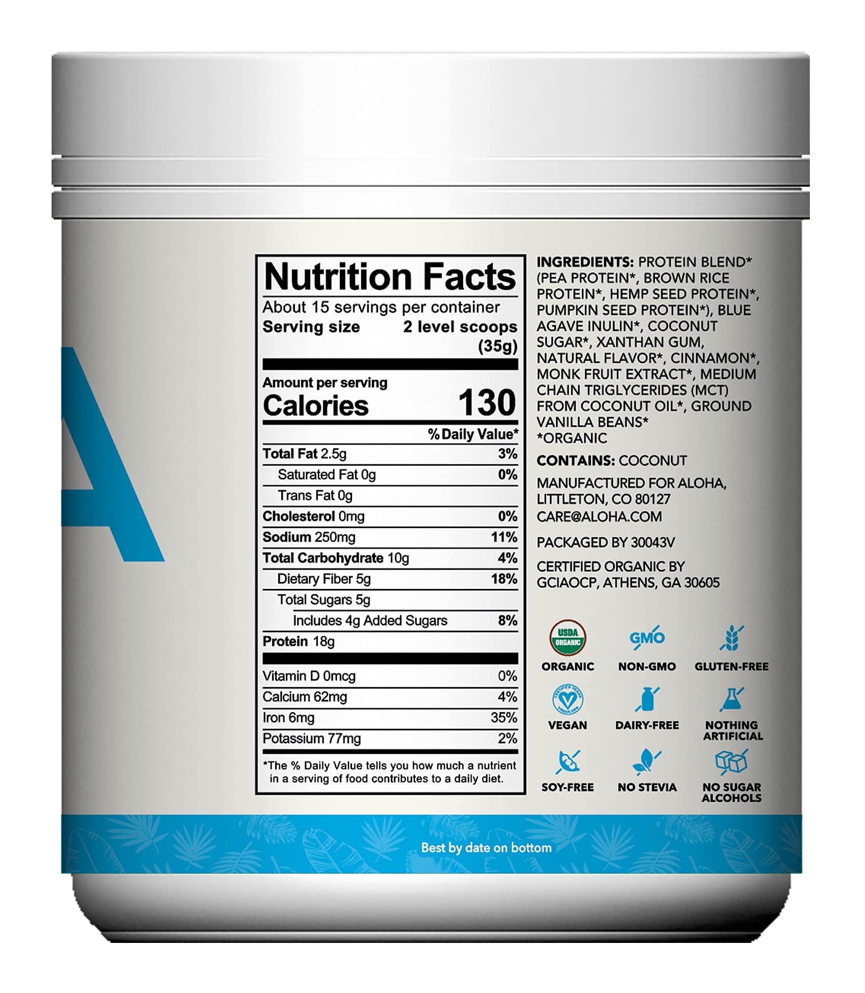 ALOHA Organic Plant Based Protein Powder, Stevia Free, Vanilla, 19.6 oz, 15 Servings PACKAGING MAY VARY