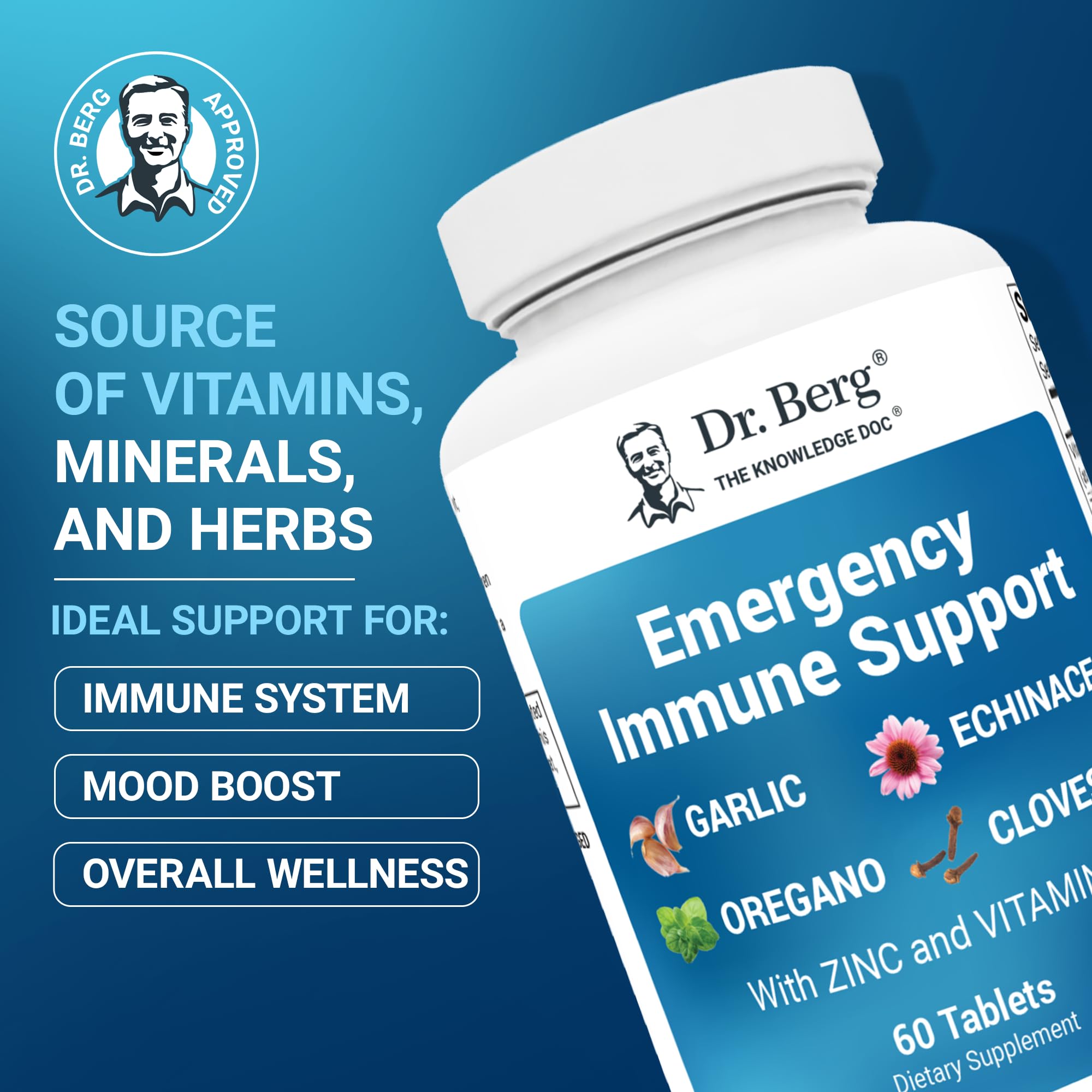 Dr. Berg Emergency Immune Support w/Echinacea - Potent Blend of Herbal Extracts (Warning: Strong Herbal Smells) - Immune Support Supplement Includes 2,000 IUs of Vitamin D & 10mg of Zinc - 60 Tablets Dr. Berg Nutritionals Au supplements