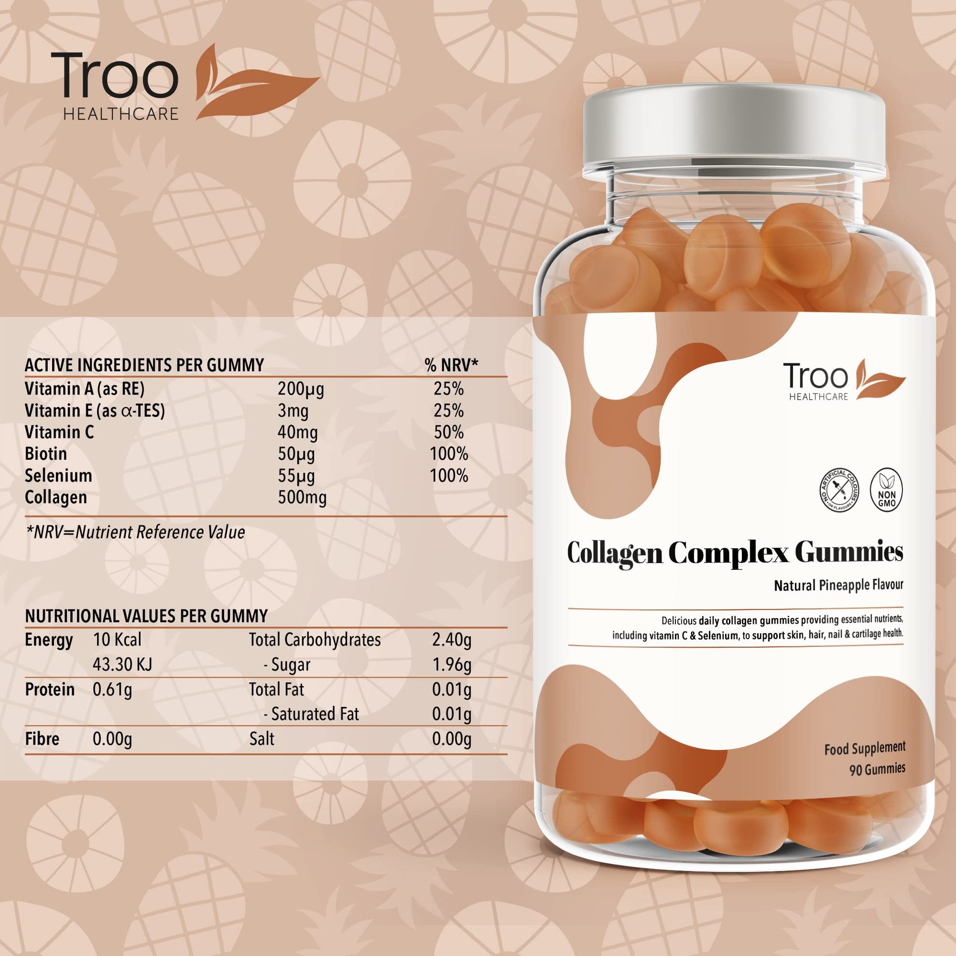 Hydrolysed Collagen Complex - 90 Natural Pineapple Flavour Chewable Gummies - One Per Day with Biotin, Vitamin C and Selenium Troo Health Care Au supplements