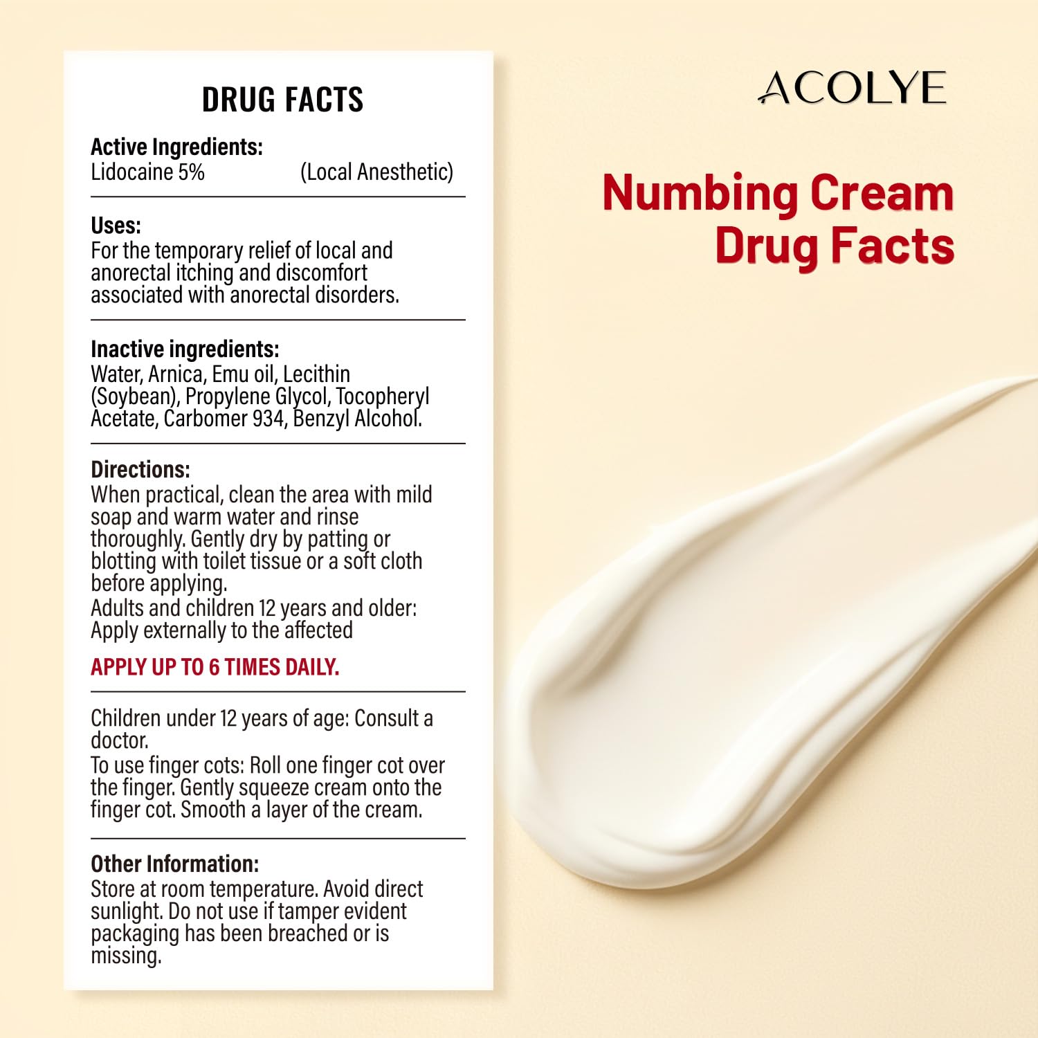 Acolye Numbing Cream Maximum Strength : 5% Lidocaine Topical Anesthetic - Extra Strength 5X Numbing with Menthol Arnica and Emu Oi (2 Fl Oz, Mint Flavor) Acolye Au supplements