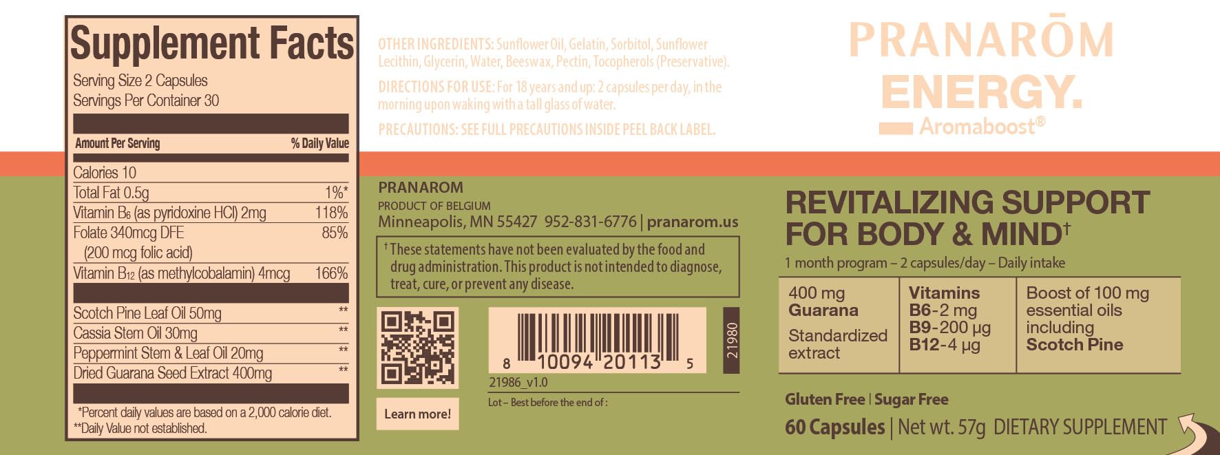 Pranarom - Aromaboost Energy Herbal Supplement - for Physical and Mental Fatigue - Guarana - Vitamins B6 B9 B12 - Pure Scots Pine Essential Oil - 60 Count Pranarom Au supplements