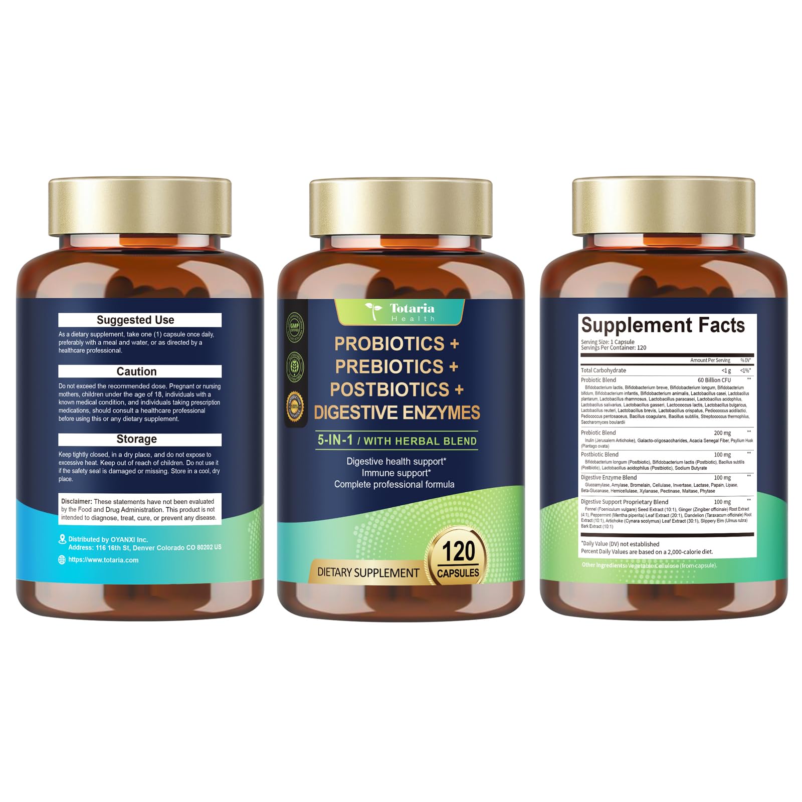 Totaria 5-in-1 Probiotic Prebiotic & Postbiotic for Women Men, 60 Billion CFU 24 Strains w/Digestive Enzymes, Prebiotic Fiber, Slippery Elm, Daily Complete Immune, Gut Health, 120 Day Supply Totaria Au supplements