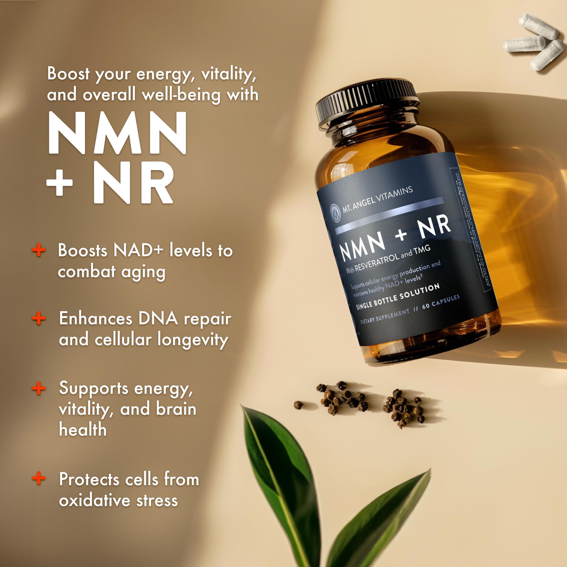 Mt. Angel Vitamins NMN Supplement + NR with Resveratrol & TMG, Dual NAD+ Precursors for Cellular Energy & Healthy Aging, 60 Capsules Mt. Angel Vitamins Au supplements