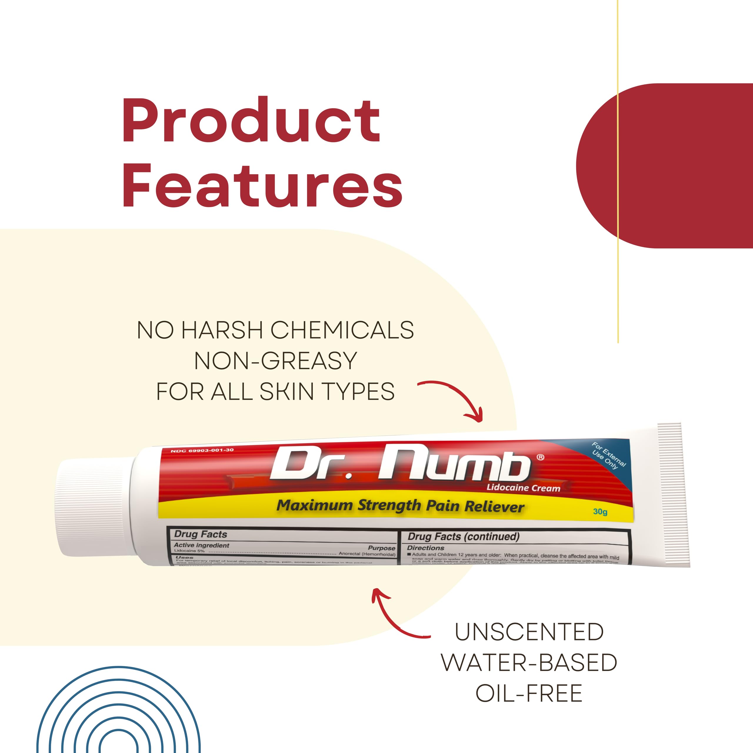 Dr. Numb 5% Lidocaine Numbing Cream, Fast-Acting Maximum Strength Topical Anesthetic Pain Relief Burn Itch Numb Cream with Vitamin E for Hemorrhoid Treatment, Local and Anorectal Uses - 30g 4 Pack Dr. Numb Au supplements