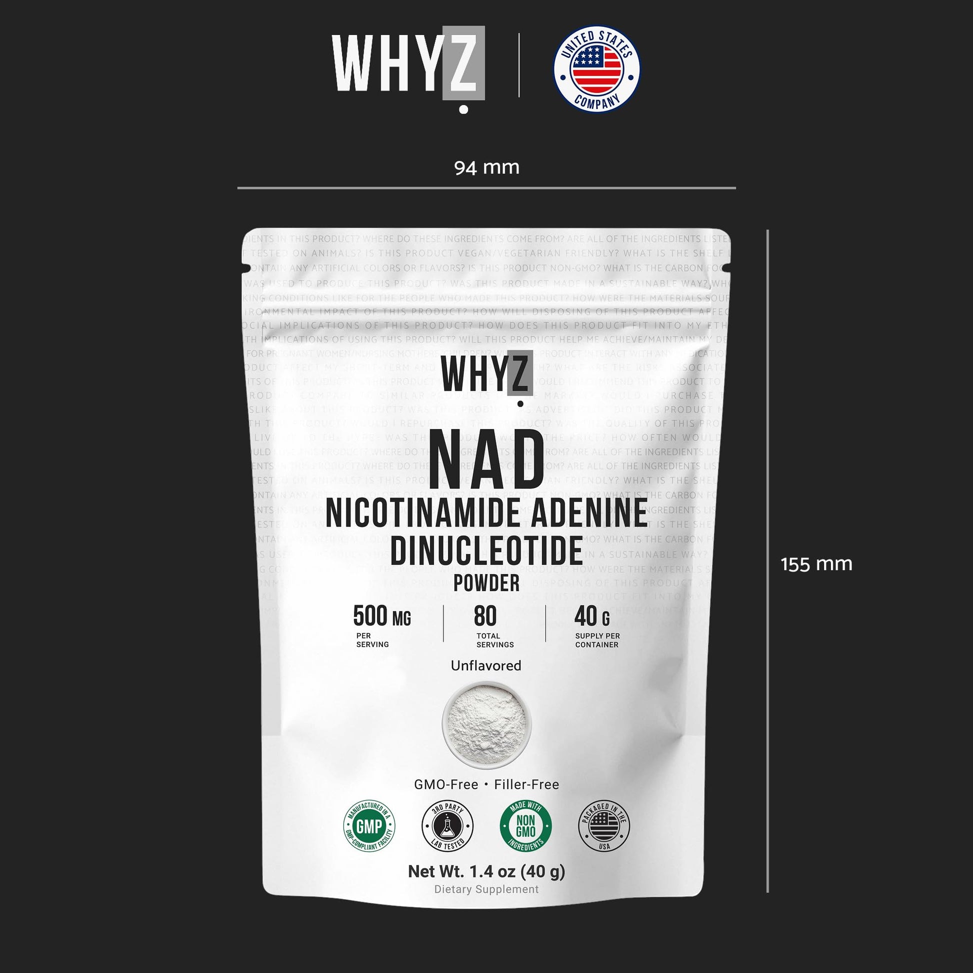 Pure NAD Powder Nicotinamide Adenine Dinucleotide Supplement Unflavored and Gluten-Free Premium Pure NAD Powder for Daily Wellness and Nutrition Support, 40g WHYZ Au supplements