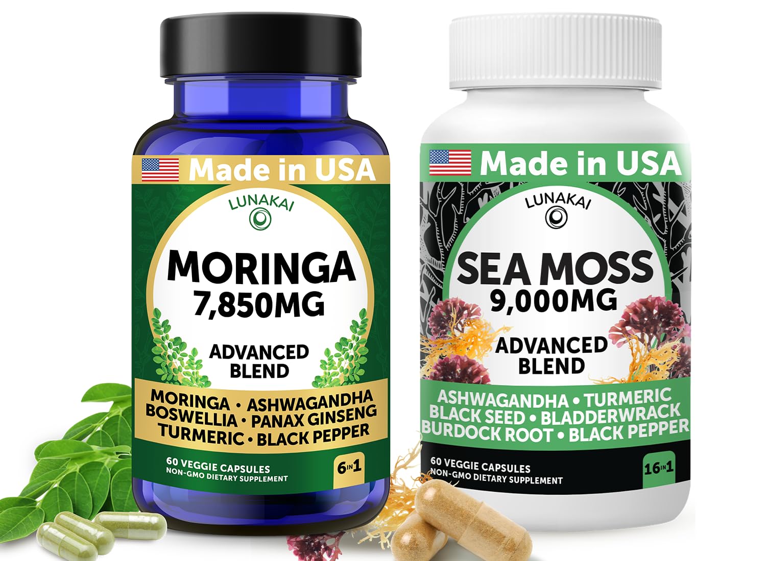 Lunakai USA Made Moringa & Sea Moss Capsules Bundle – 6-in-1 & 16-in-1 Advanced Blends – 60 Non-GMO Veggie Capsules Each Lunakai Au supplements